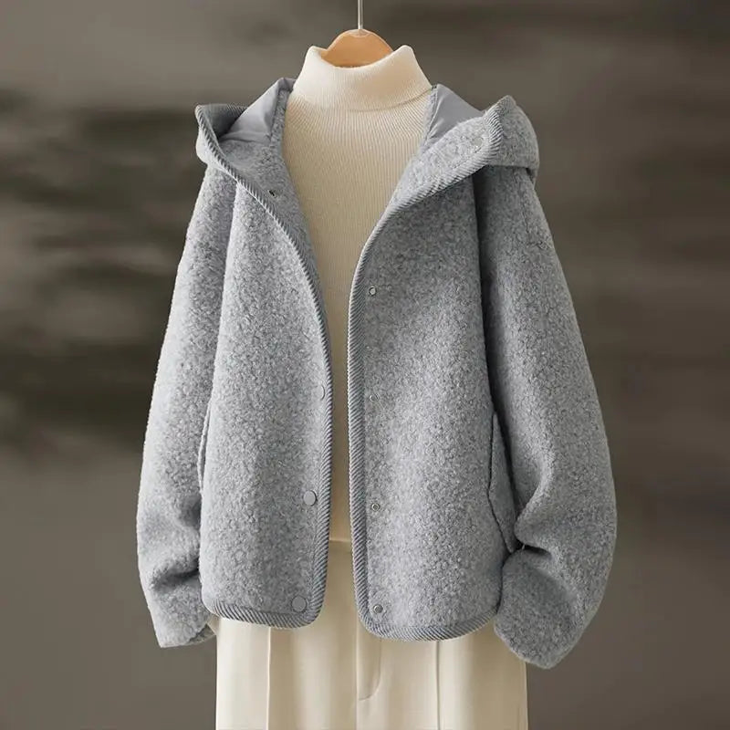 Women's Grey Hooded Jacket - Korean Fashion Long Sleeve Single Breasted Coat for Autumn Winter | Casual Loose Fit Holiday Tops | Perfect for Daily Wear, Travel & Outdoor Activities