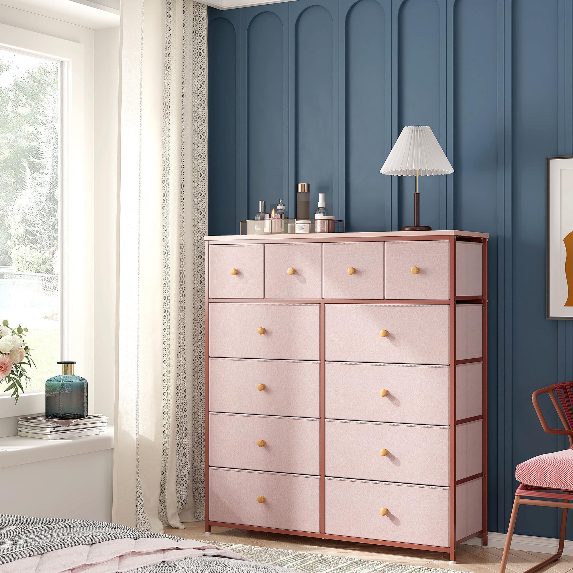 Pink Dresser for Girls Bedroom - 12 Drawer Storage Organizer with Sturdy Metal Frame & Wooden Top | Fabric Dresser & Chest for Nursery, Closet Organization | Perfect for Kids Room, Teen Bedroom & Dorm Storage