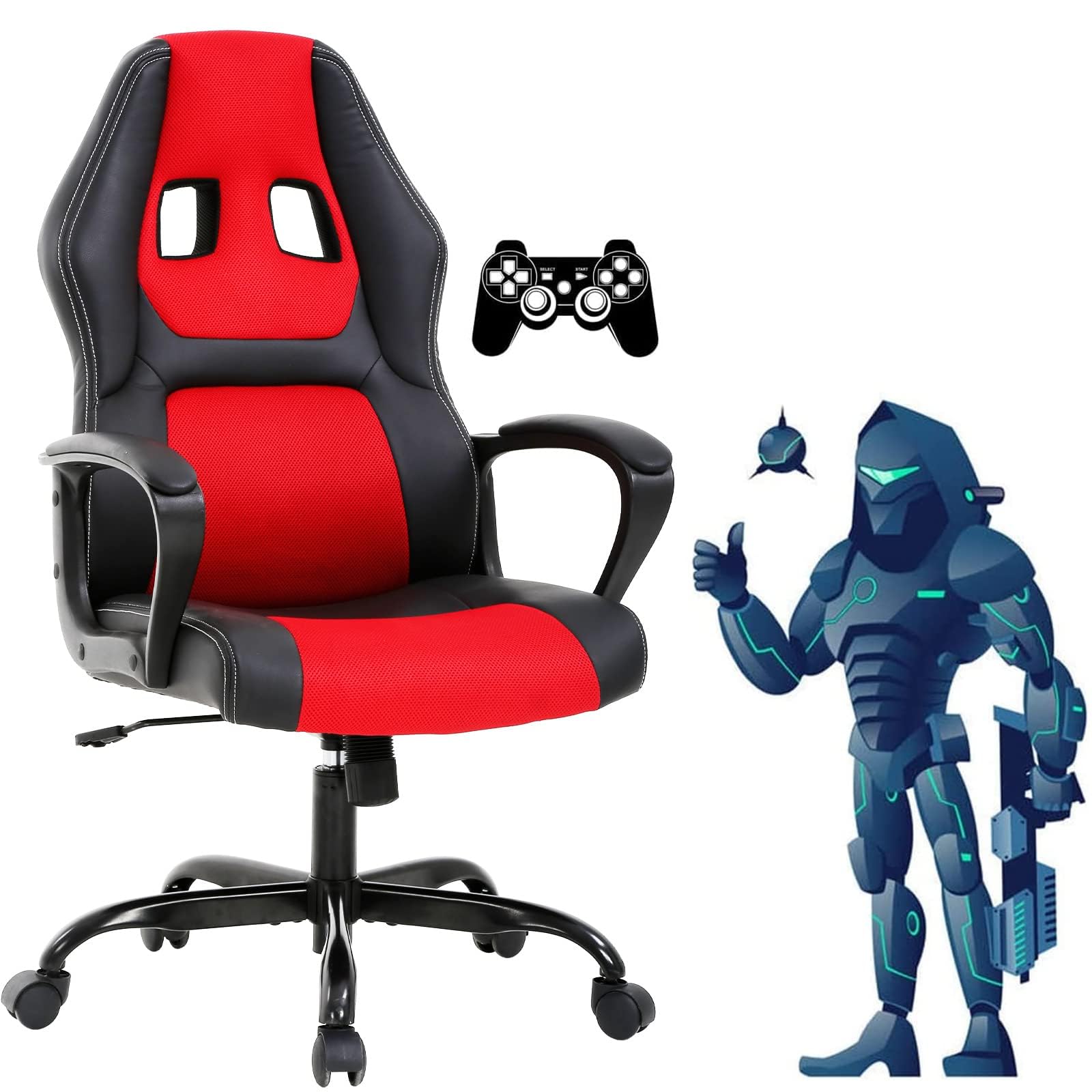 Ergonomic Gaming Chair with Lumbar Support & Headrest - Adjustable Reclining Office Computer Chair for Adults & Teens - High Back Racing Style Swivel Task Chair with Armrests - Perfect for Home Office, Gaming Setup & Workstation (Red)