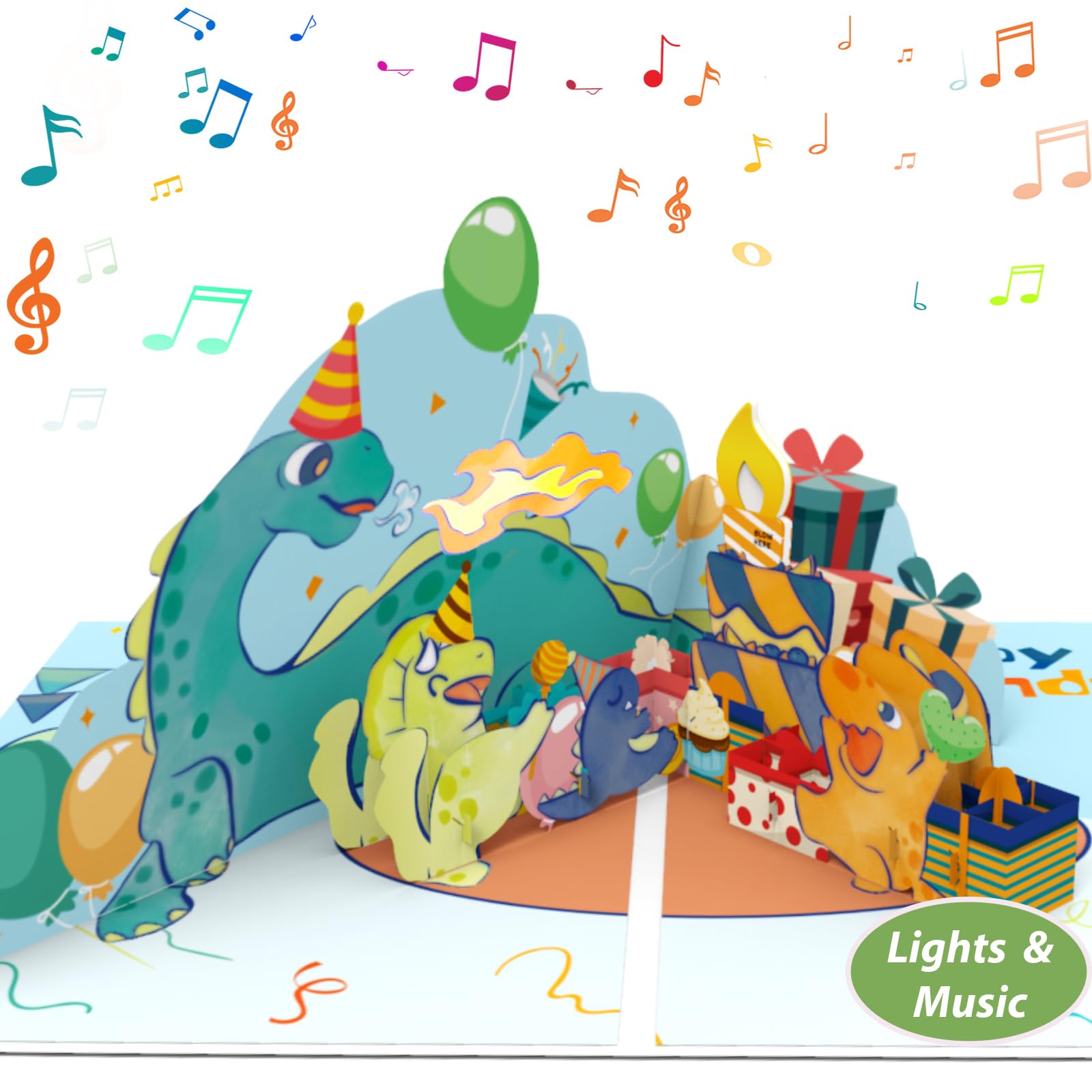 Ecloverlife Pop Up Musical Birthday Card for Boys - Blowable Dinosaur Card with Lights, Perfect Gift for 3-8 Year Old Sons & Kids | Great for Birthday Parties, School Events & Special Celebrations