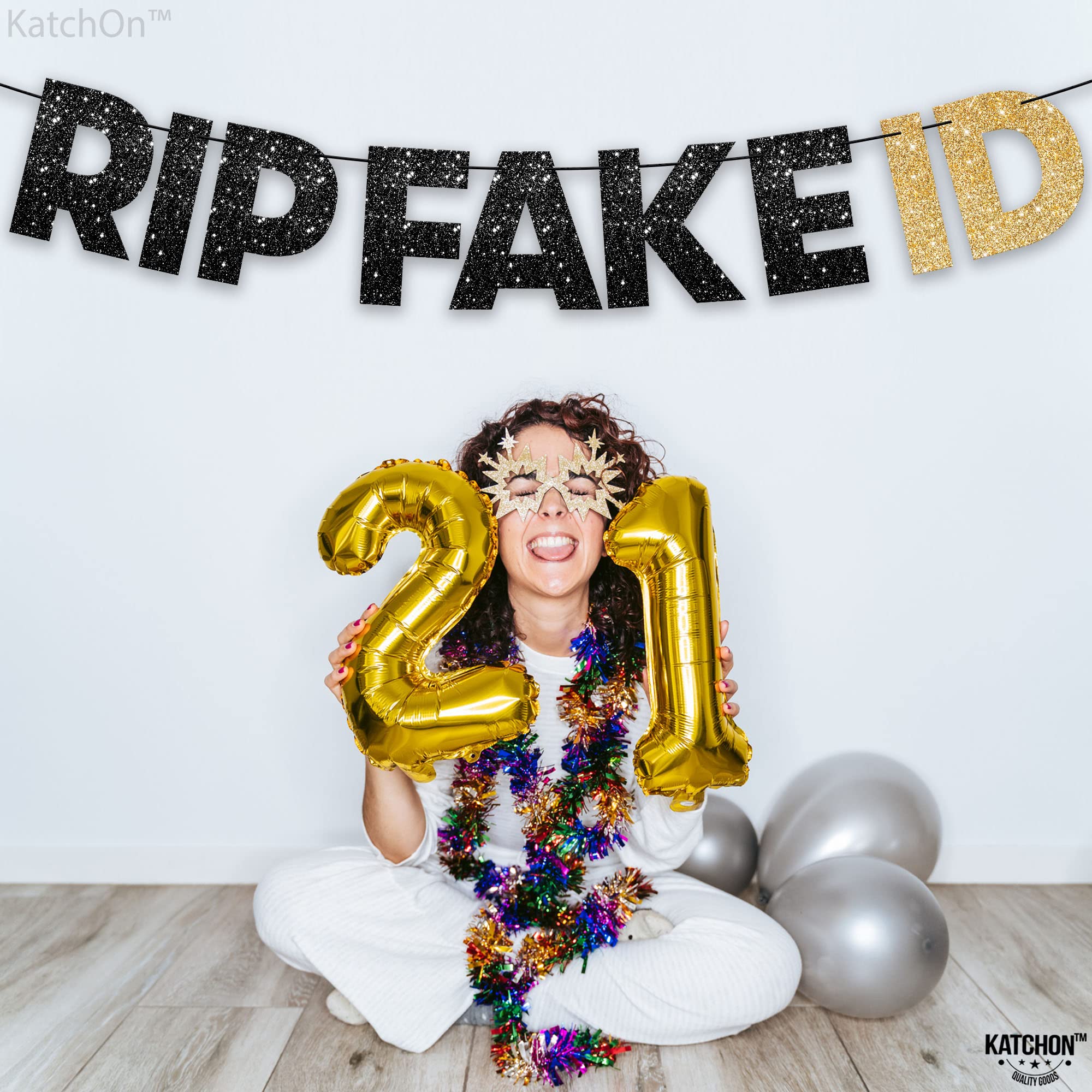 KatchOn Glitter RIP Fake ID Banner Black and Gold - 10ft Prestrung Birthday Decor | Perfect for 21st Birthday Party, Golden Themed Decorations for Him | Ideal for Birthday Celebrations, Home & Party Decor