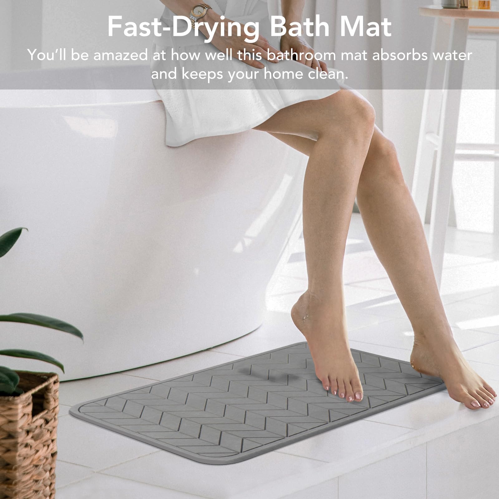 Premium Non-Slip Diatomaceous Earth Bath Mat - Super Absorbent & Quick Drying Stone Shower Mat for Bathroom Floor (2 Pack, Grey) - Perfect for Wet Rooms, Spa, and Luxury Bathroom Decor