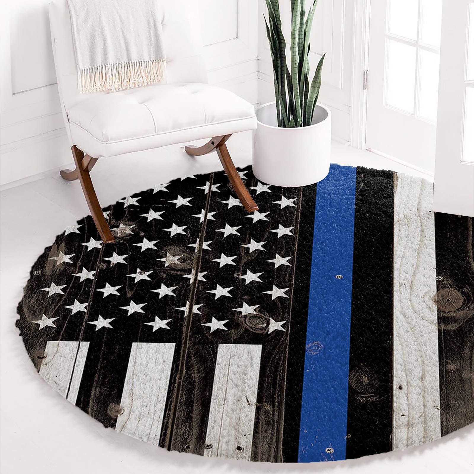 Blue Line American Flag Gender Equality Shaggy Area Rug - Soft Plush Round Floor Mat for Kids Room, Nursery & Living Room - 4ft Modern Home Decor (Perfect for Playrooms, Gender-Neutral Bedrooms & Patriotic Home Styling)