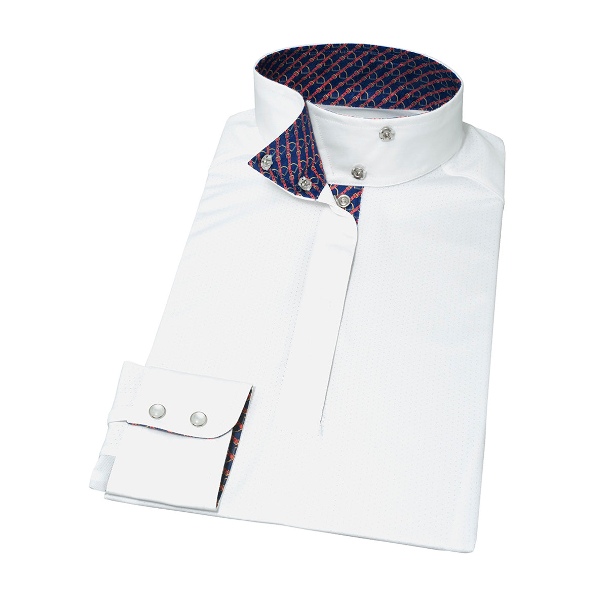 Essex Classics Ladies Equestrian Show Shirt - Long Sleeve Talent Yarn Wrap Collar with Stirrups & Leathers - Perfect for Horse Riding Competitions & Dressage Events