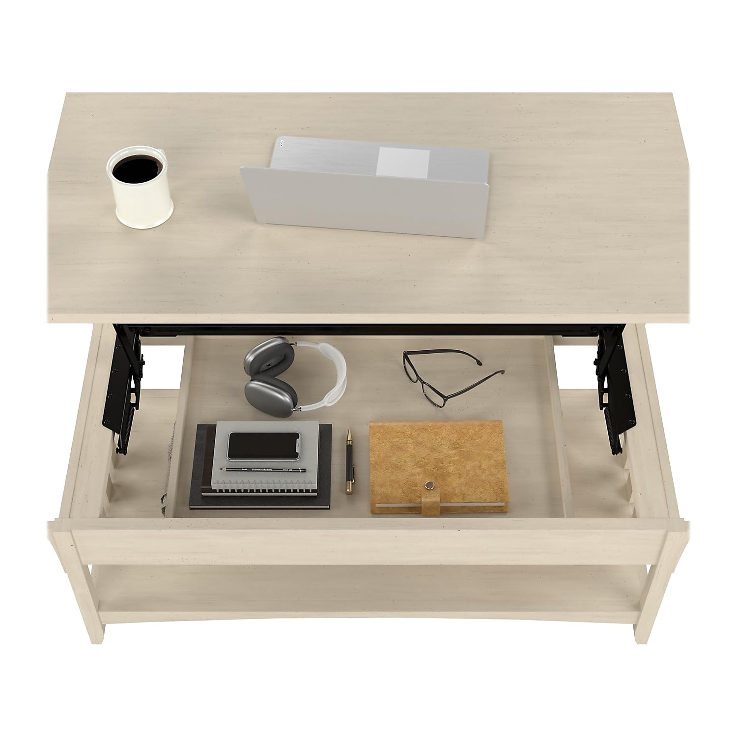 Bush Furniture Salinas Lift Top Coffee Table Desk with Storage in Antique White - Convertible Home Office Desk & Living Room Coffee Table with Hidden Storage Compartments