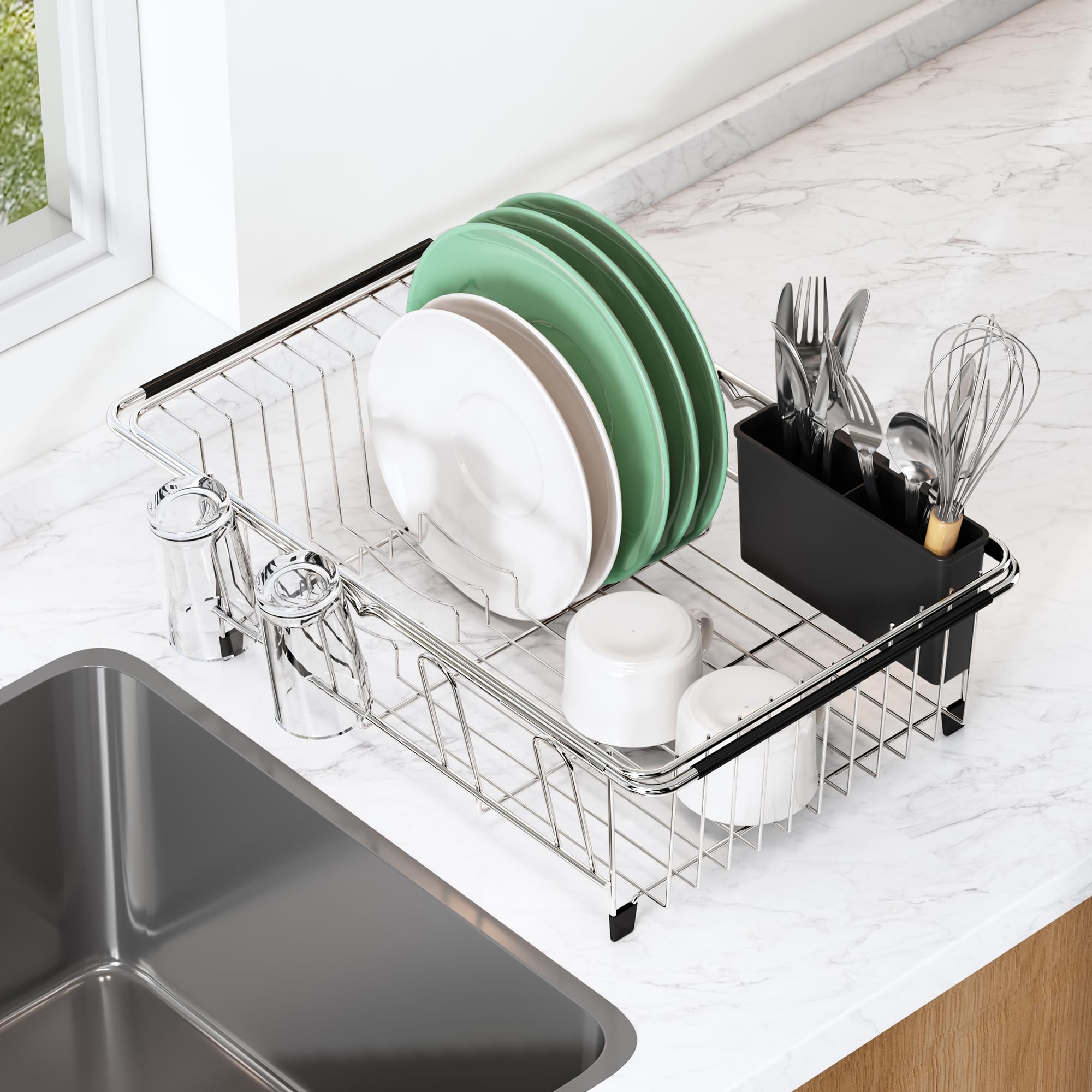 MAJALiS Stainless Steel Over The Sink Dish Drying Rack with Utensil Holder - Compact Space Saving Kitchen Sink Drainer, Silver | Perfect for Small Apartments, RVs & Countertop Organization