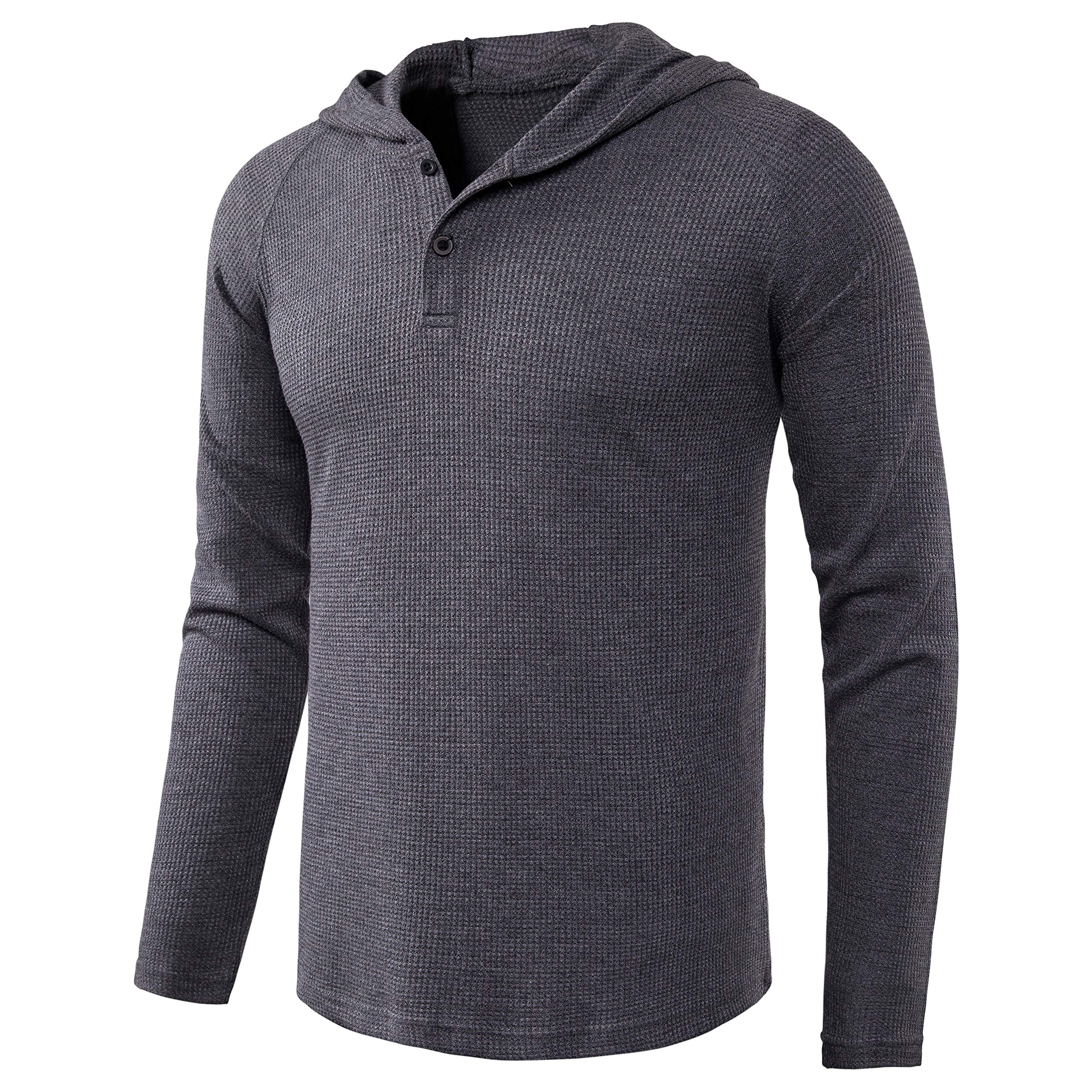Men's Lightweight Solid Color Pullover Hoodie - Long Sleeve Waffle-Knit Henley Shirt for Casual Wear | Perfect for Outdoor Activities, Gym & Everyday Comfort
