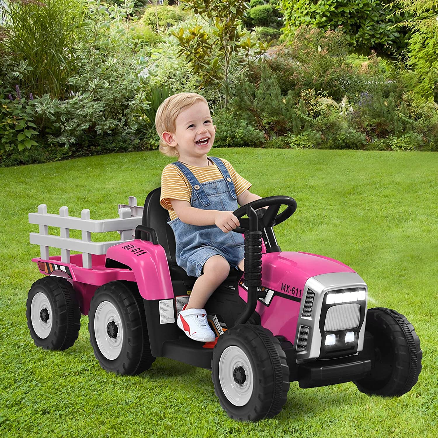 GLACER 12V Battery Powered Kids Ride on Tractor with Trailer - Remote Control Electric Toy Car with 3-Speed Gear Shift, LED Lights, Music & USB Port - Pink Ground Loader Tractor for Outdoor Play, Backyard Fun & Birthday Gifts for Toddlers Ages 2-5 Years