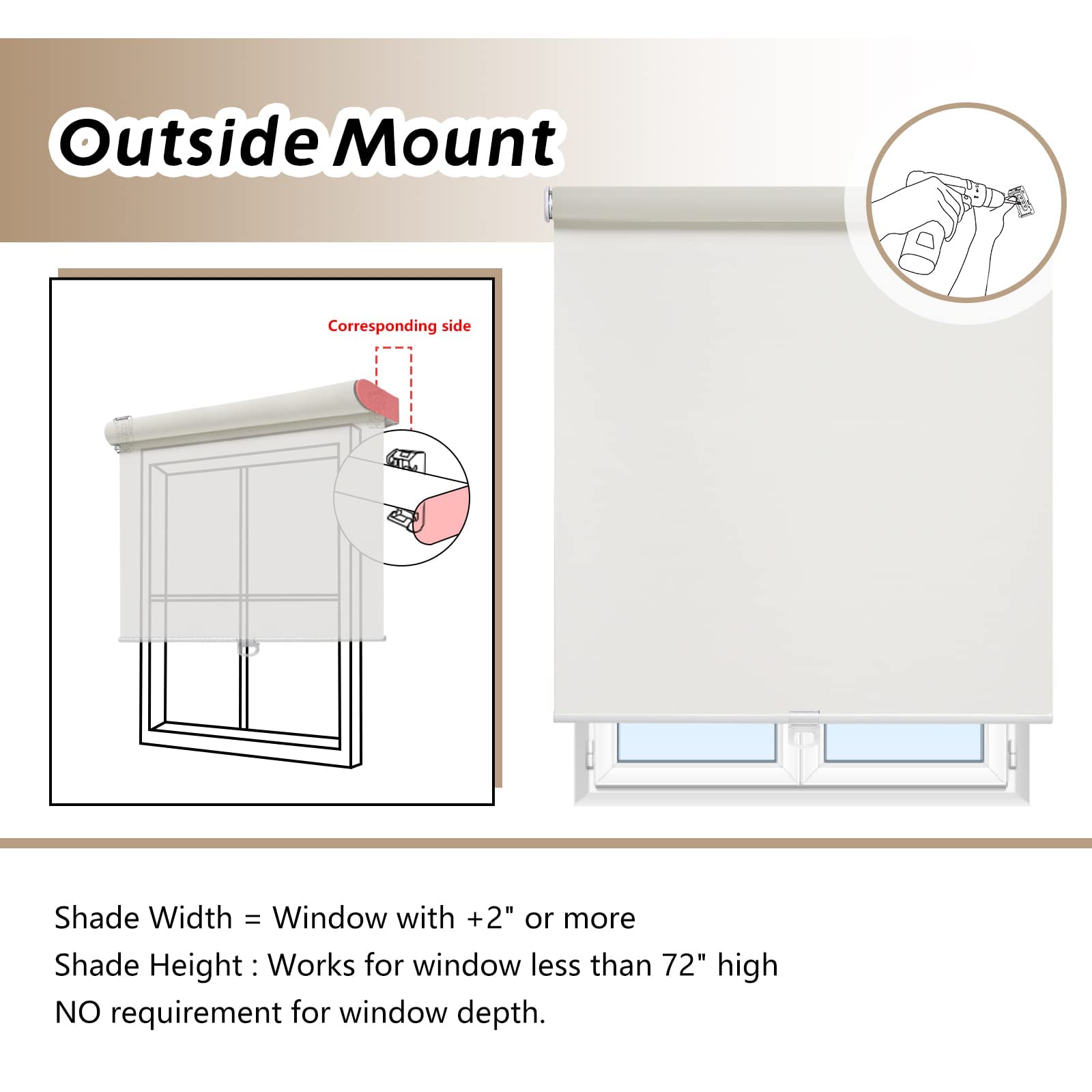 AOSKY Cordless Blackout Roller Shades for Windows - Thermal Insulated Room Darkening Window Blinds, Easy to Install, W25 x L72, Ivory White - Perfect for Bedroom, Home Office, Bathroom & Nursery