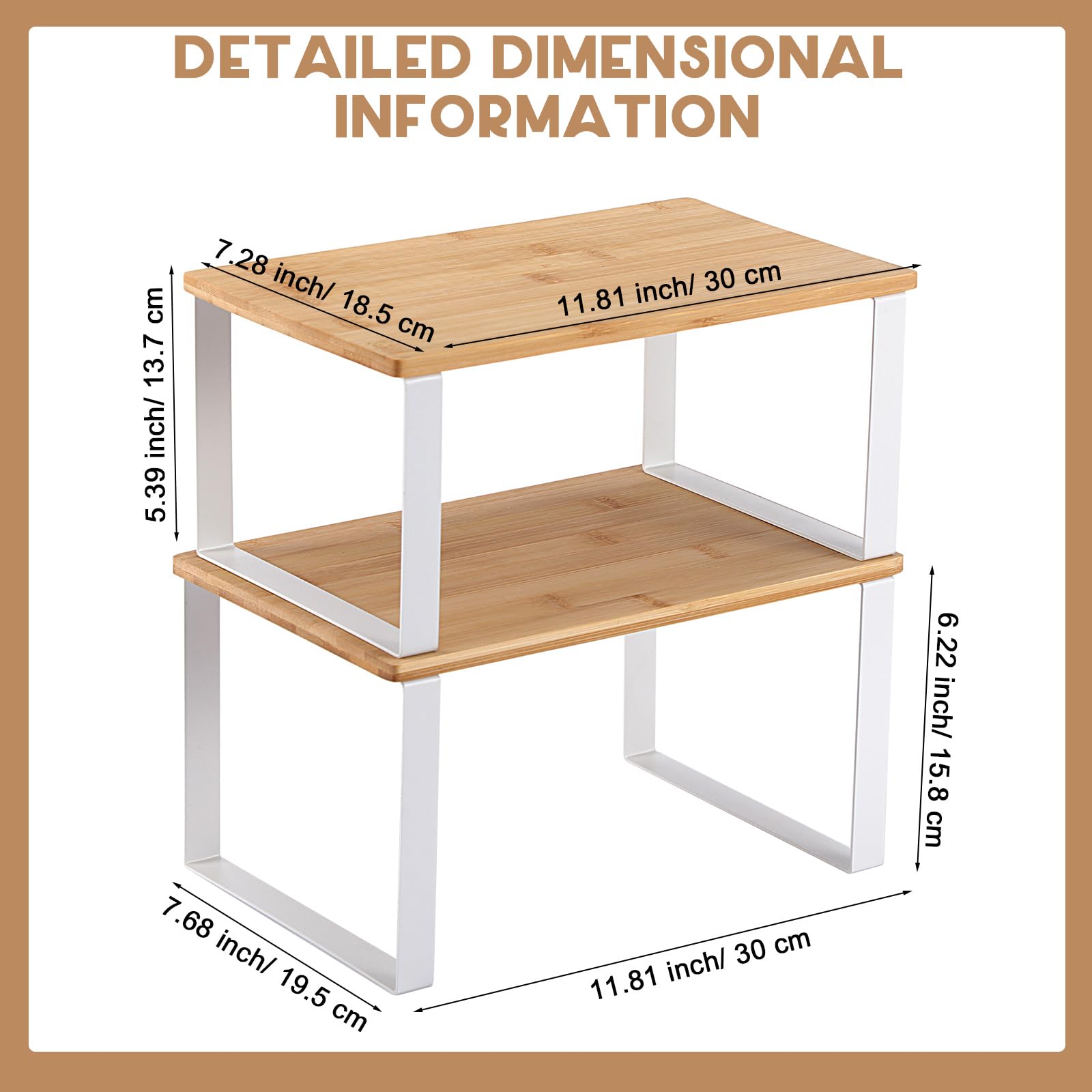 2-Pack Bamboo Stackable Cabinet Organizer Shelves - Kitchen Counter Shelf Riser for Spice Jars, Coffee Mugs & Pantry Storage - Space Saving Cabinet Organizer for Kitchen, Bathroom & Office