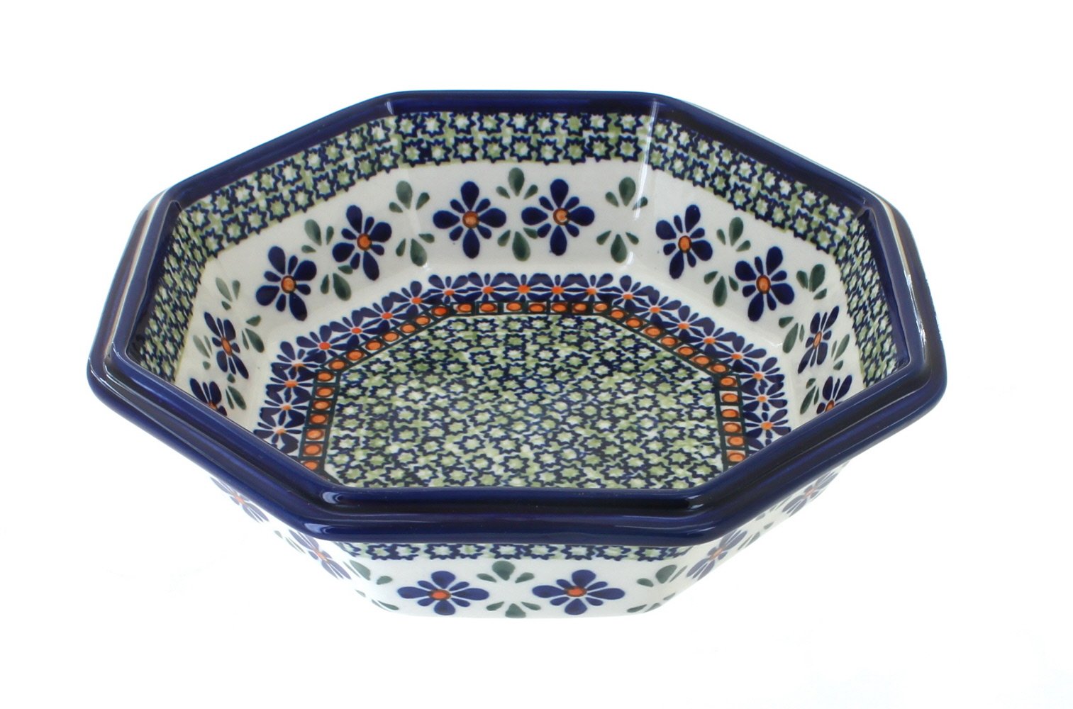 Handmade Blue Rose Polish Pottery Mosaic Flower Large Octagonal Bowl - Decorative Serving Bowl for Dining Table, Centerpiece, Gift Idea