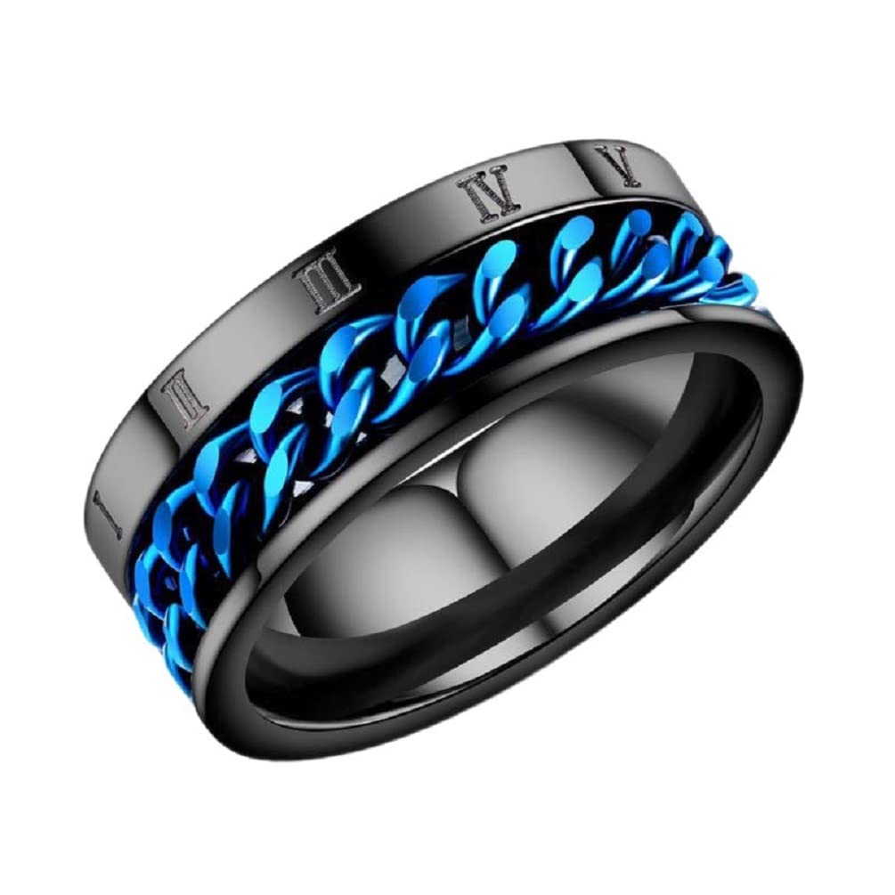 8mm Roman Numeral Blue Chain Spinner Ring - Black Stainless Steel Anxiety Relief Fidget Ring for Men & Boyfriend - Perfect Gift for Stress Relief, ADHD, and Focus Enhancement