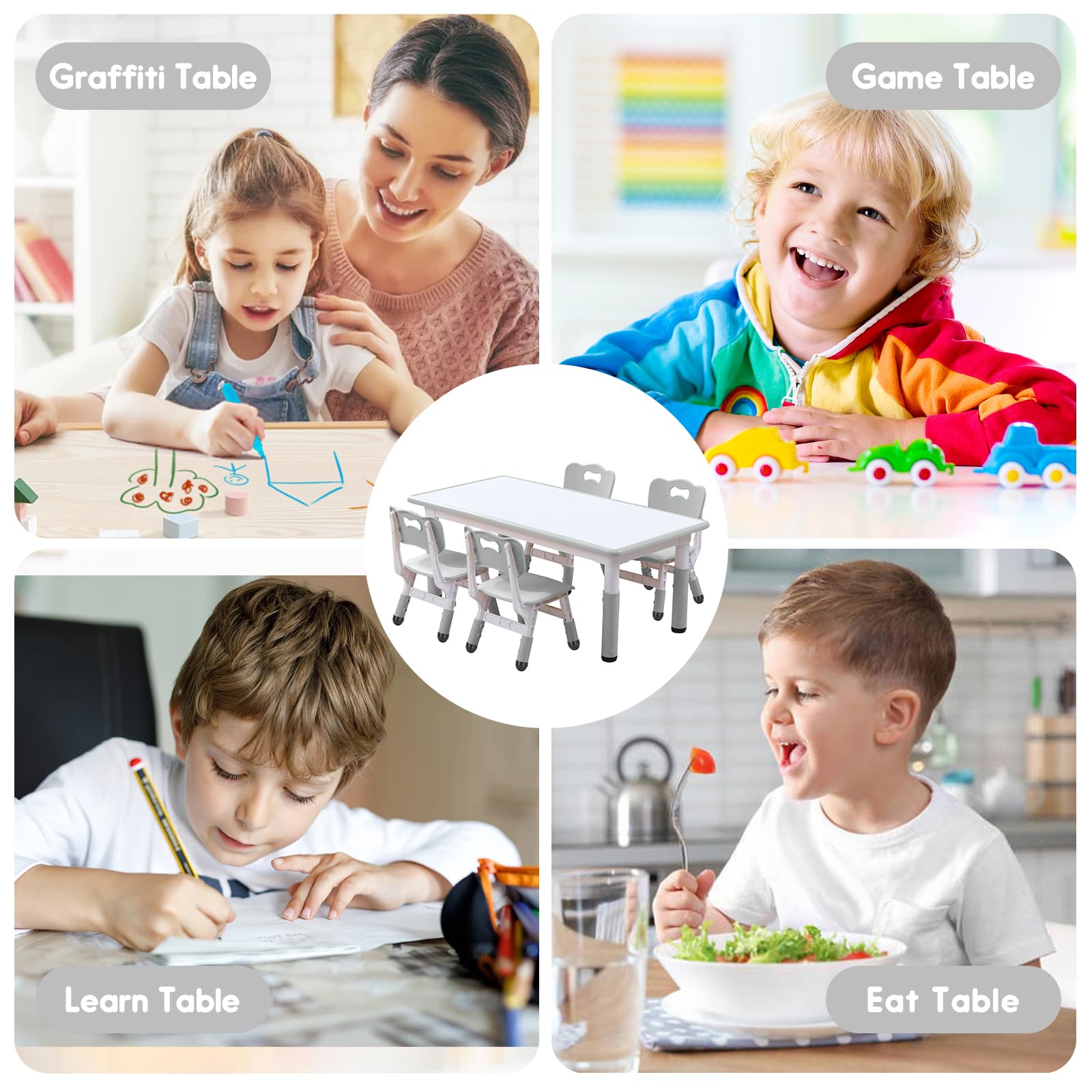 Kids Table and Chair Set - Adjustable Toddler Table with Non-Slip Legs & Storage Organizer, Wipe-Clean Graffiti Desktop - Perfect for Ages 3-12 - Ideal for Playroom, Homeschooling & Arts & Crafts Activities