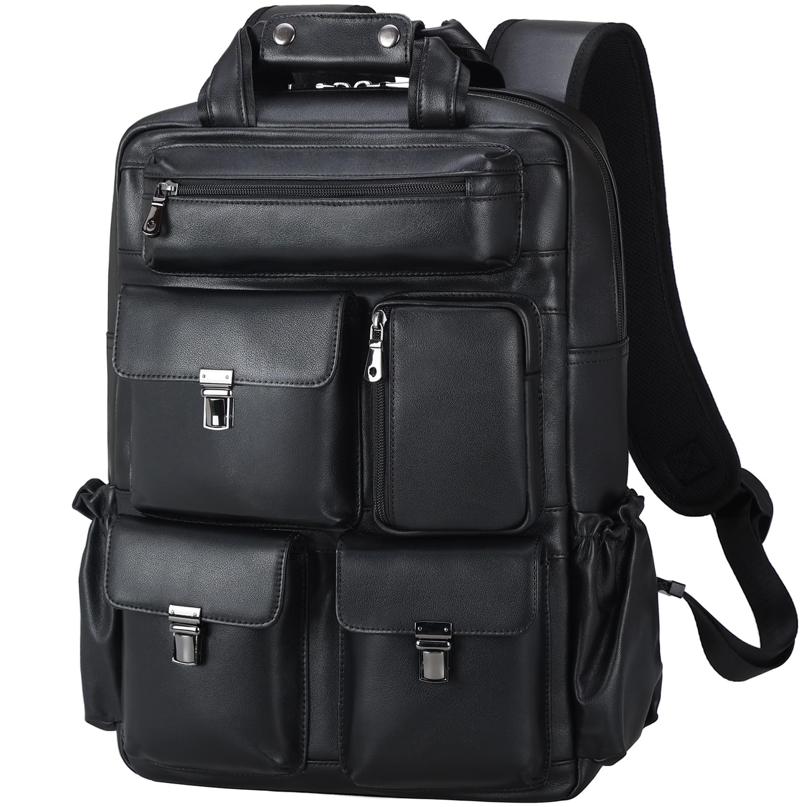 Stylish Black Leather Backpack for Men - 15.6 Inch Laptop Bag with Multiple Pockets - Durable Rucksack for Business, Work, Travel & Daily Use - Perfect for Commuting, Office & College