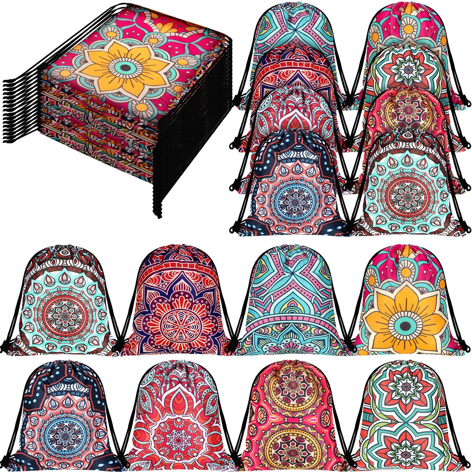 16 Pcs Tie Dye Bohemian Drawstring Bags - Boho Backpack with Retro Mandala Print - Perfect for Birthday Party Favors, Festival Gifts & Beach Essentials Storage