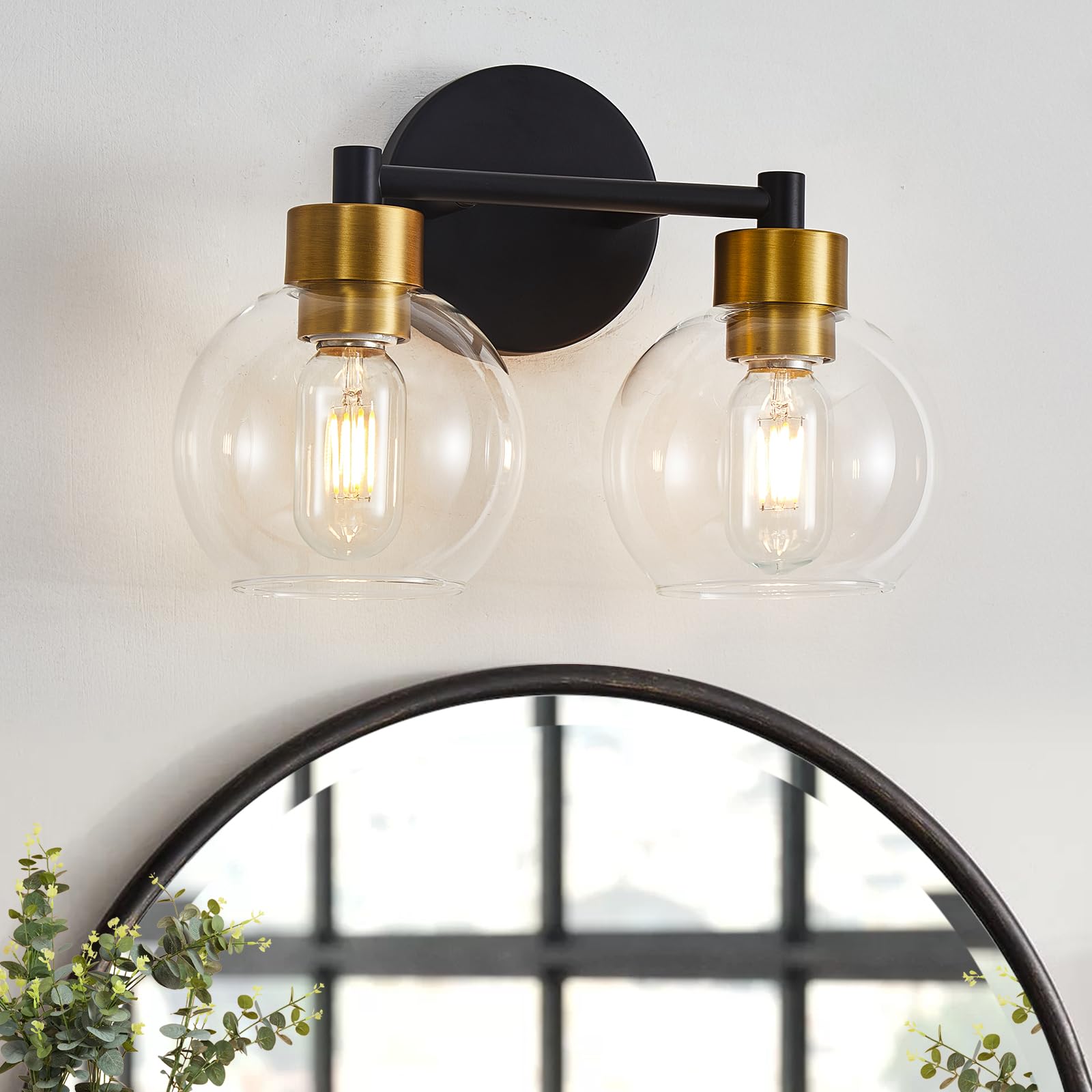 Black and Gold Bathroom Vanity Light Fixture - 2-Light Round Wall Sconce with Clear Glass Shades for Mirror, Bedroom, Living Room & Kitchen - Perfect for Modern Home Decor and Ambient Lighting