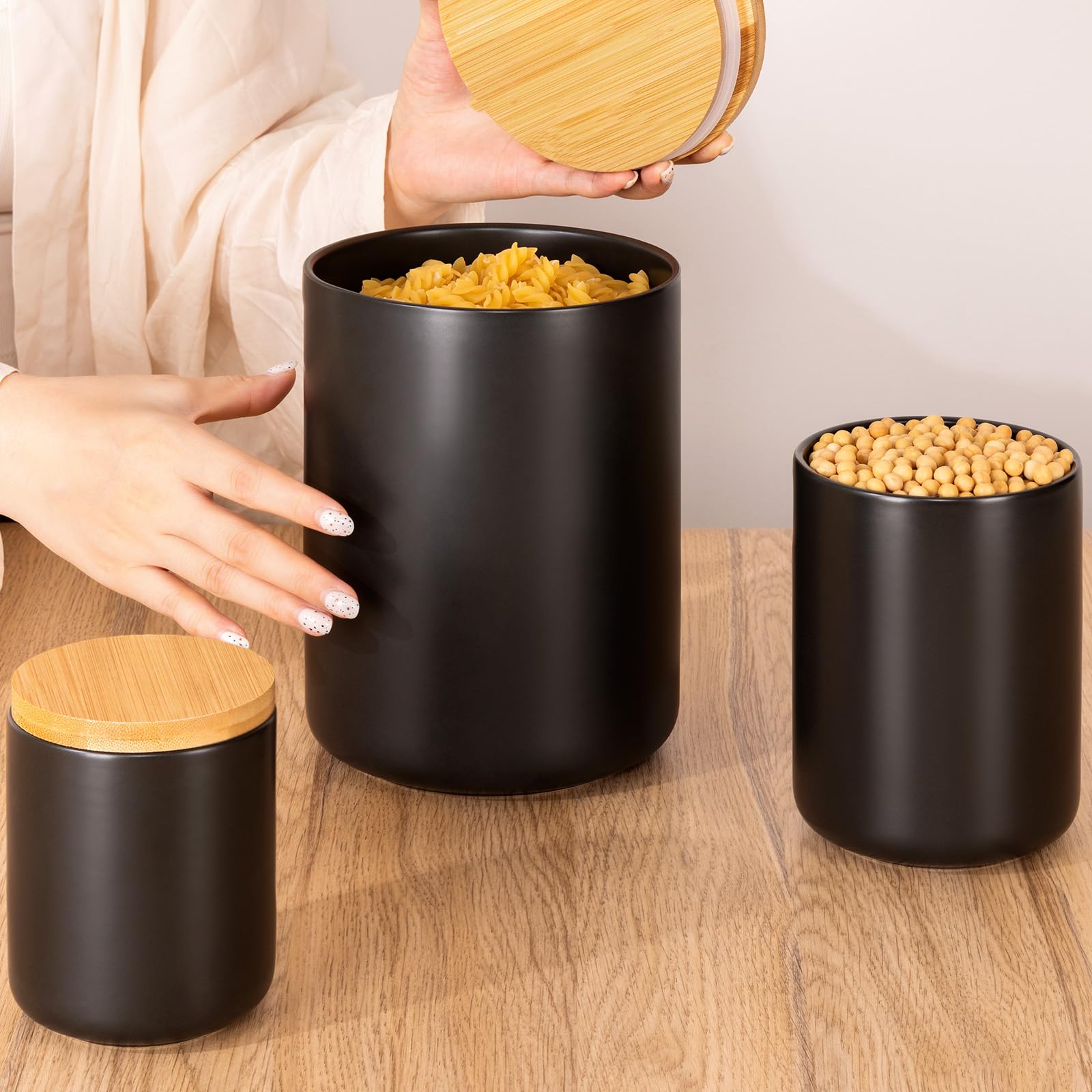 Yangbaga 3-Piece Ceramic Kitchen Canisters Set with Airtight Wood Lids - Ideal for Flour, Sugar, Coffee Storage - Perfect for Countertop Organization and Pantry Essentials