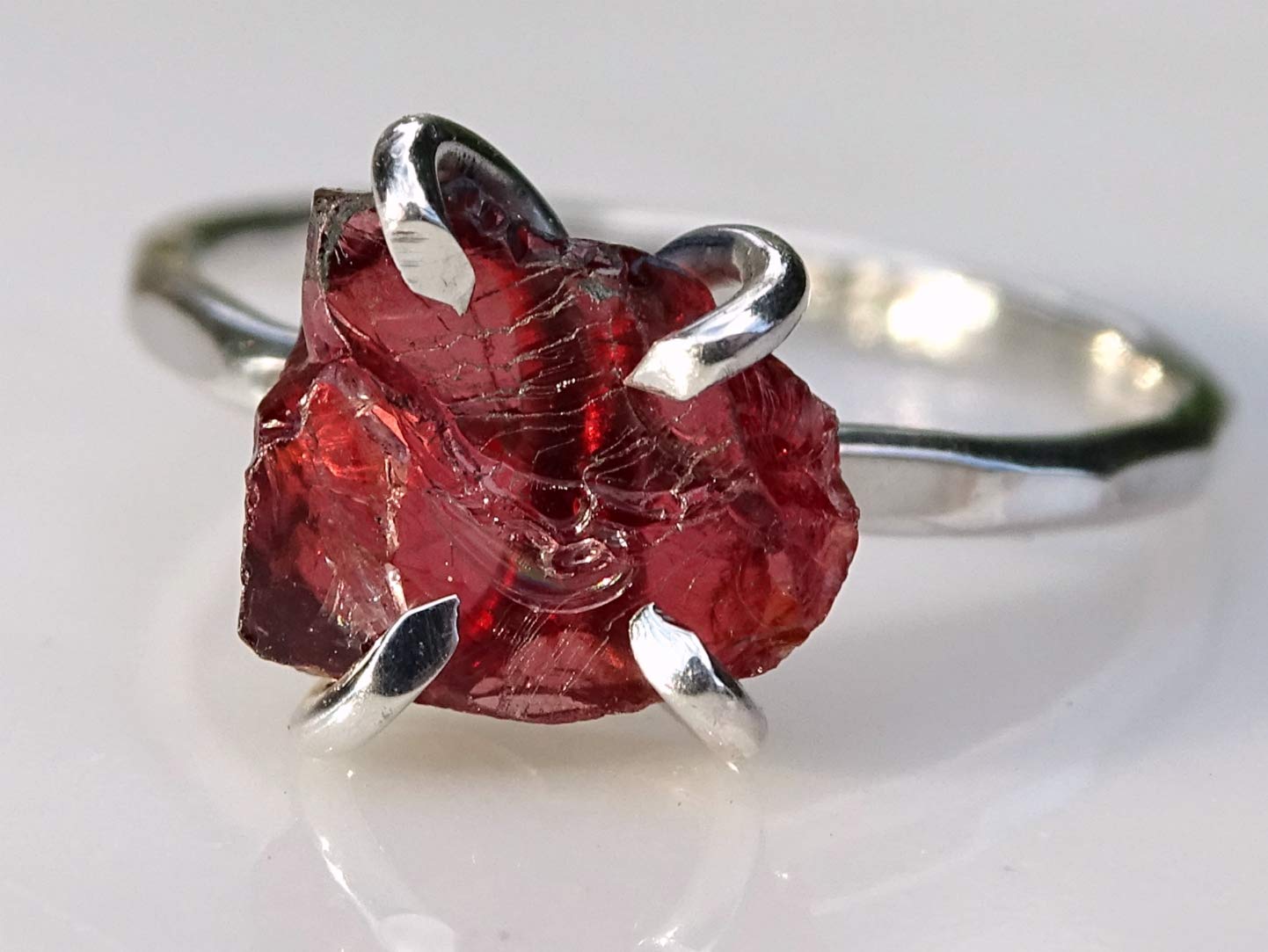Natural Raw Garnet Silver Ring | Organic Stone Stacking Ring | Raw Crystal Jewelry | Unique Silver Engagement Ring for Women | Perfect Gift for Her - Boho Wedding, Everyday Wear, Anniversary Present