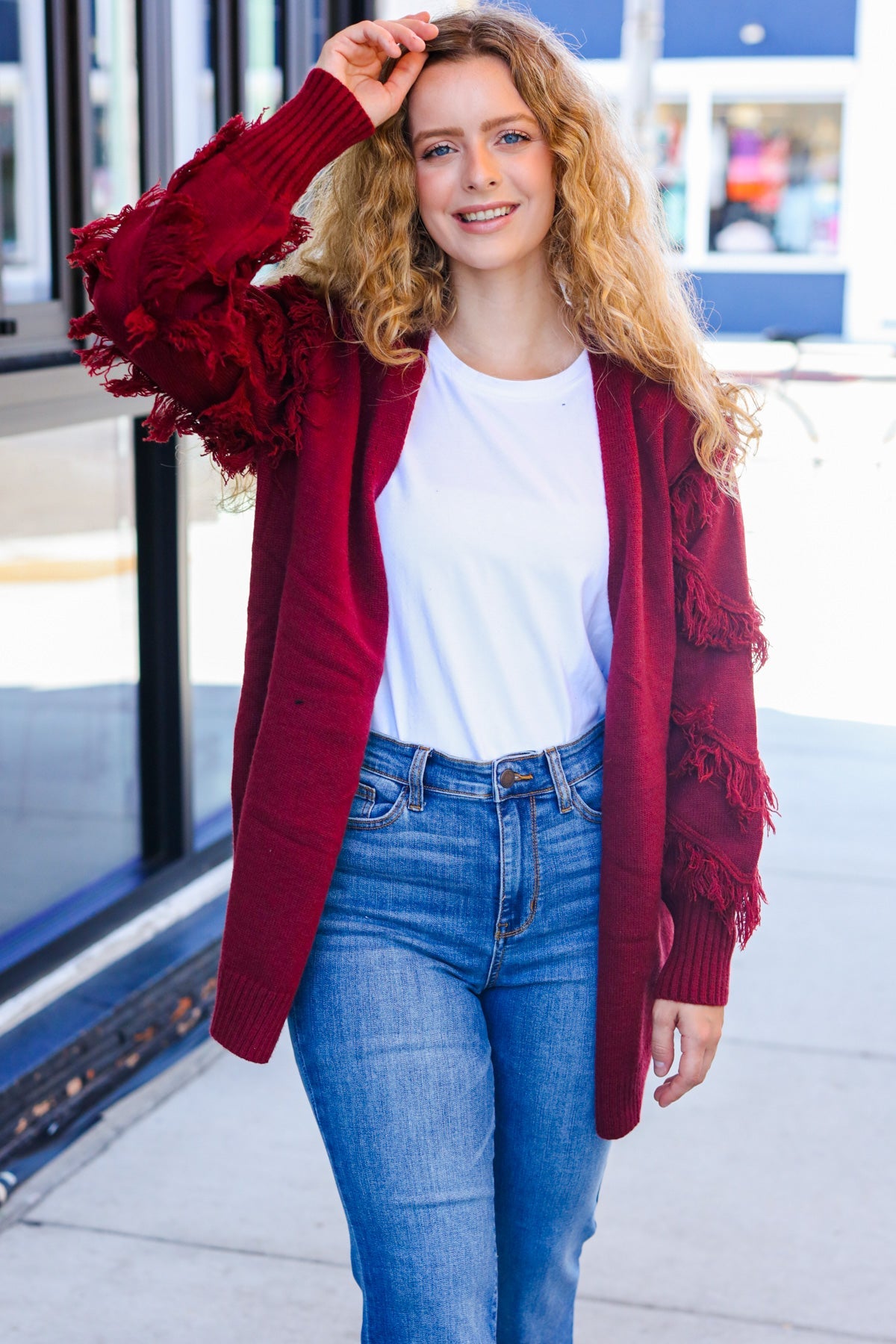 Stylish Burgundy Fringe Detail Knit Cardigan for Women | Elegant Open Front Sweater | Perfect for Fall Outfits, Date Nights & Office Wear