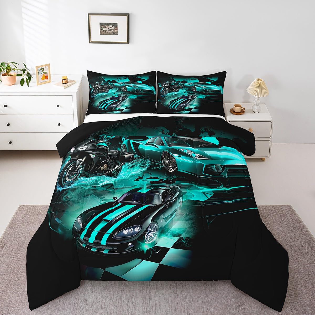 Motocross Racing Bedding Set - Ultra Soft Sports Car Comforter for Kids & Adults, Teal Blue Green Duvet Cover, Twin Size Extreme Sports Theme Room Decor - Perfect for Motocross Fans' Bedrooms & Race-Themed Kids Rooms