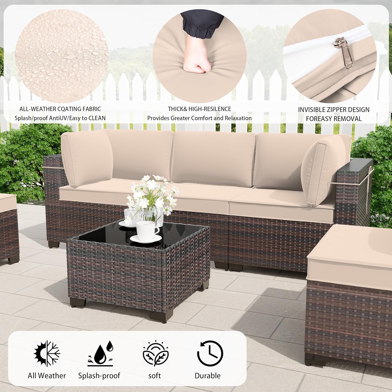 13-Piece Outdoor Patio Furniture Set with Propane Fire Pit Table - Brown Sectional Sofa Conversation Set with ETL-Approved 43