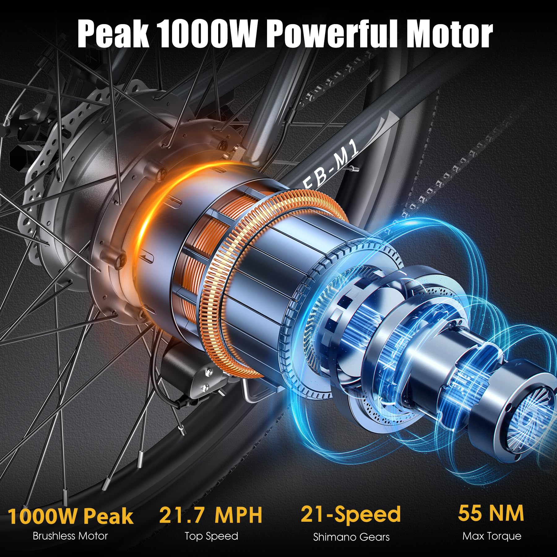 1000W Electric Bike for Adults - 50 Miles Range, 21.7MPH Speed, 26