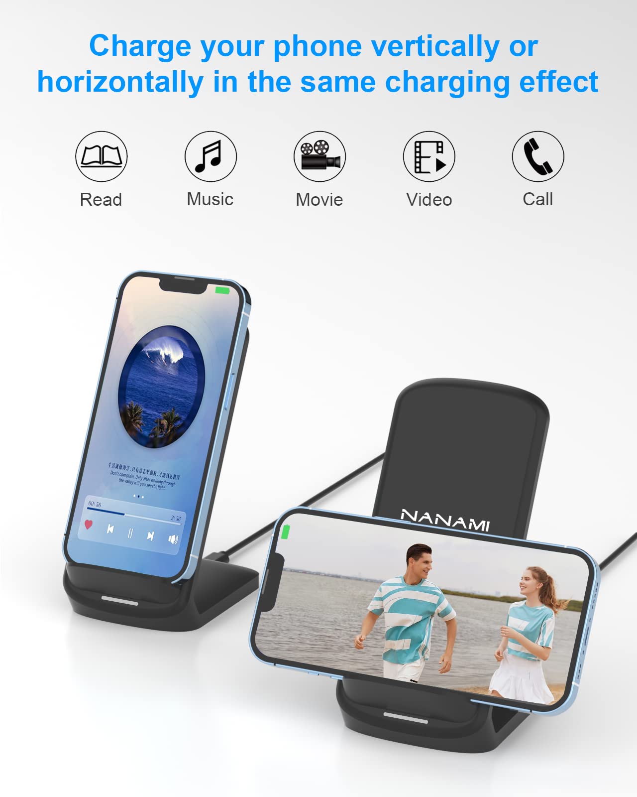 NANAMI 2-Pack 10W Qi-Certified Fast Wireless Charging Stand - Compatible with iPhone 16/16 Plus/16 Pro/16 Pro Max/15/14/13/12, Samsung Galaxy S24/S23/S22/S21, Pixel 6 - Perfect for Home, Office & Nightstand Charging