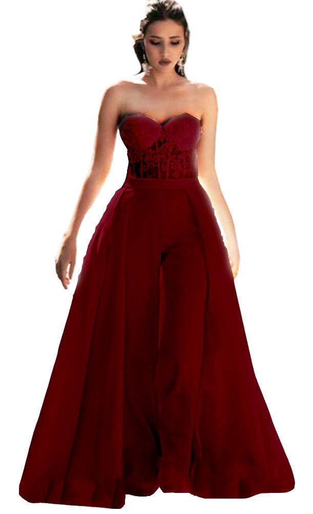 Honeydress Women's Strapless Sweetheart Jumpsuit Prom Dress with Waist Cloak Pants - Burgundy Wedding Guest Dress for Evening Party, Cocktail Event & Formal Occasions