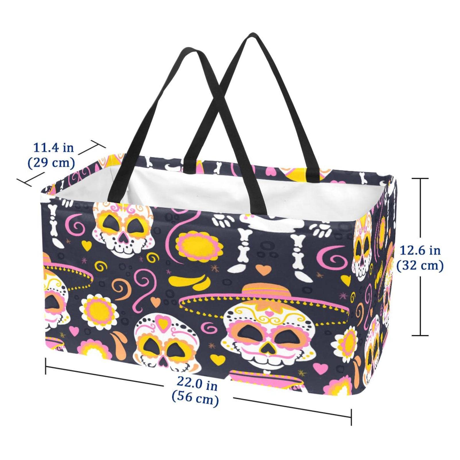 Skull Print Water-Resistant Collapsible Grocery Tote Bag - Heavy Duty Reusable Shopping Basket (22x12.6x11.4 Inches) for Supermarket, Beach & Halloween Shopping