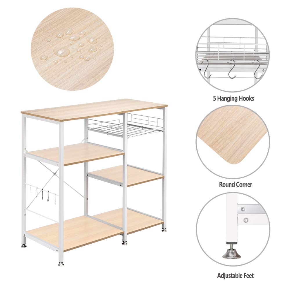3-Tier Microwave Stand Kitchen Baker's Rack with Hooks & Pull Basket - 35.5