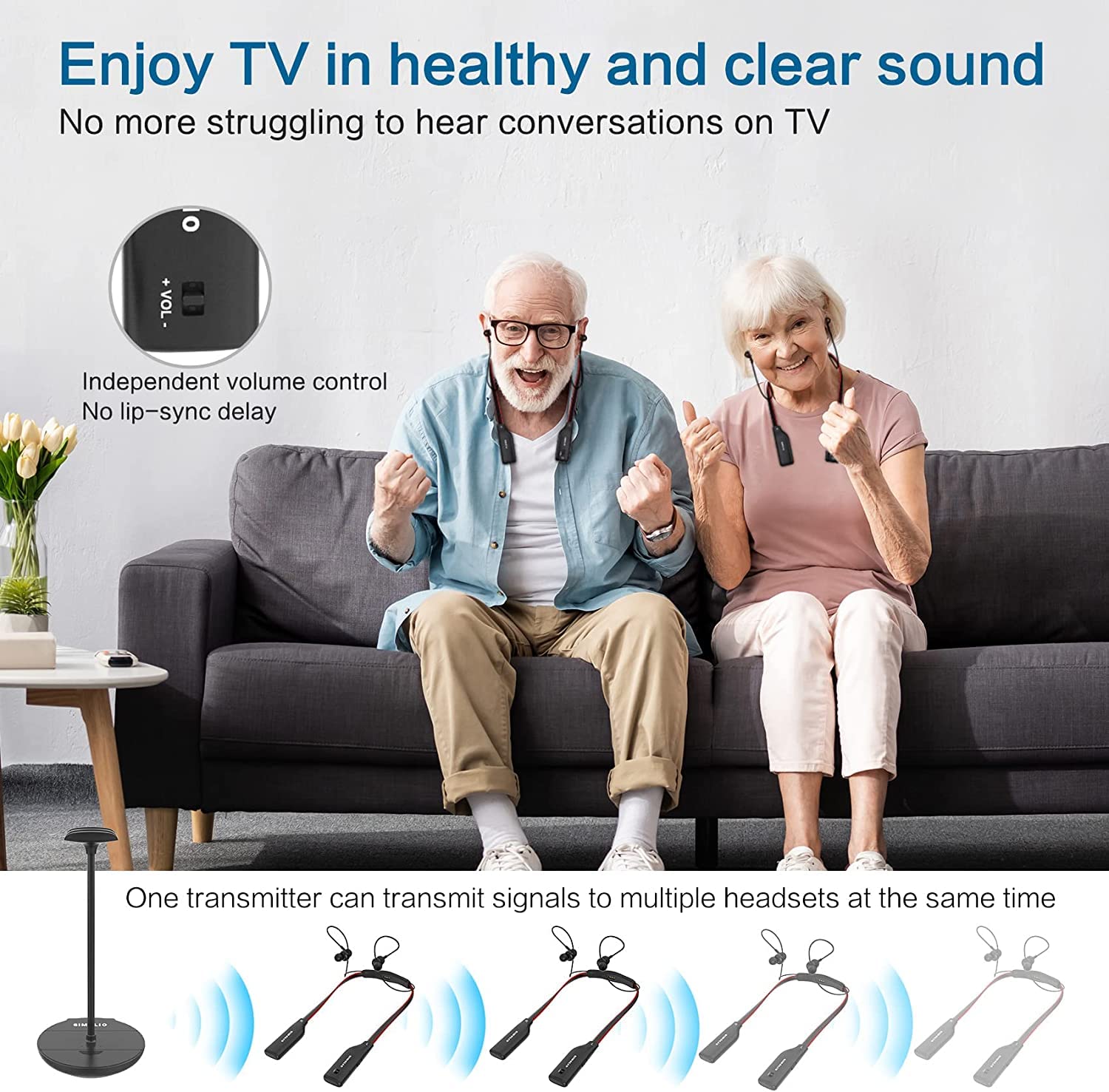 SIMOLIO Dual Wireless TV Headphones for Seniors - Enhanced Dialogue Clarity, Tone & Balance Control | Includes Spare Battery & Charging Stand | 3-in-1 Base with Optical/RCA/AUX Inputs | Perfect for Nighttime TV Watching & Hearing Assistance