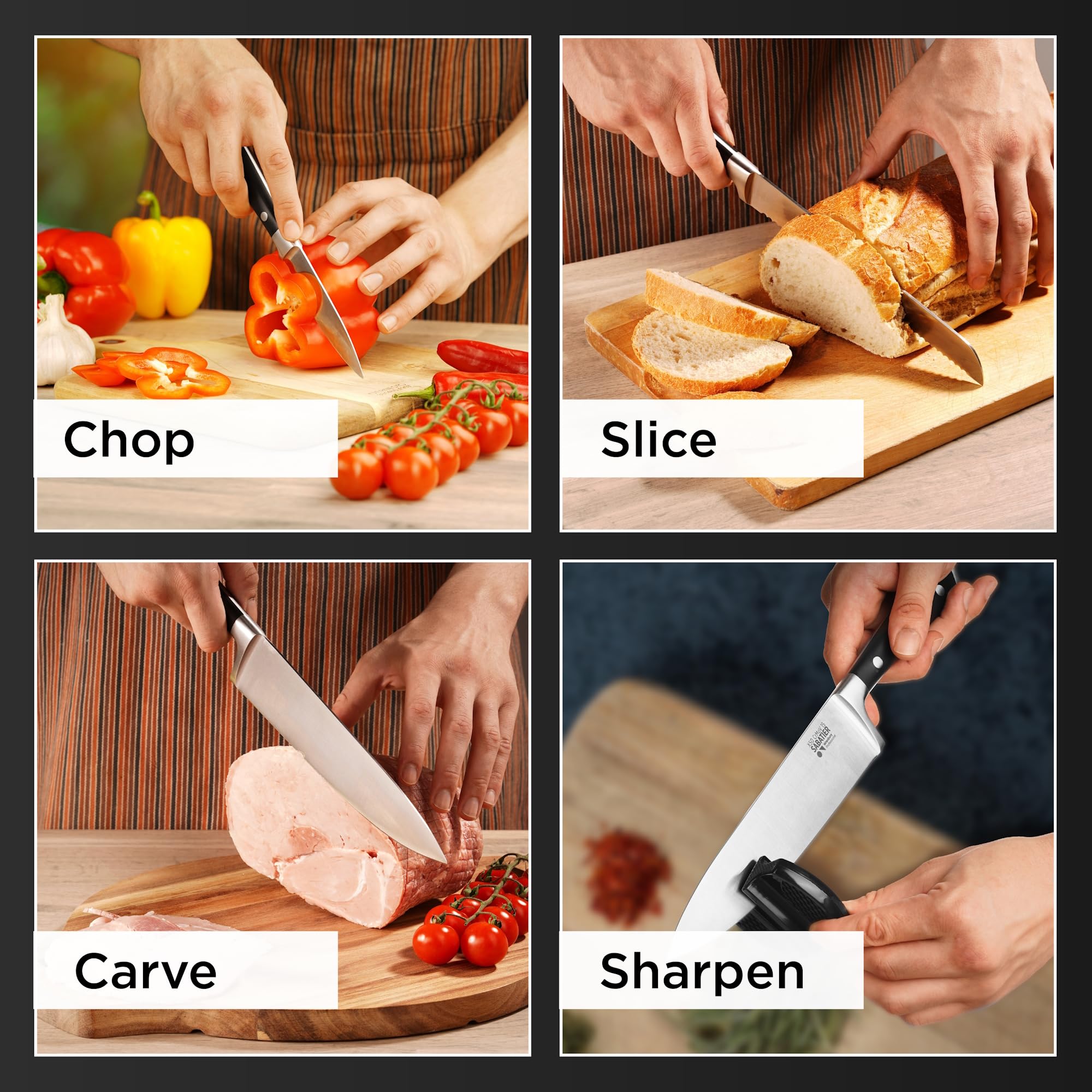 Wrenbury Professional 3-Piece German Stainless Steel Kitchen Knife Set - Ultra Sharp Sabatier Chef, Utility & Paring Knives with Sharpener - Full Tang Design for Precise Cutting - Perfect for Home Cooking, Meal Prep & Professional Kitchens