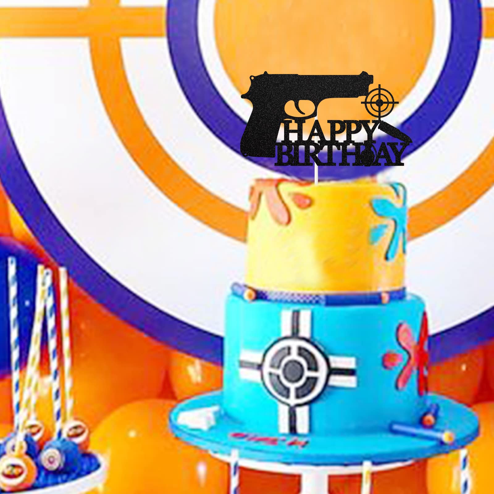 Gun Happy Birthday Cake Topper - Pistol Shaped Cake Decor for Men, Boys & Women - Black Glitter Target Sign Party Supplies | Perfect for Western, Military & Hunting Theme Birthday Celebrations
