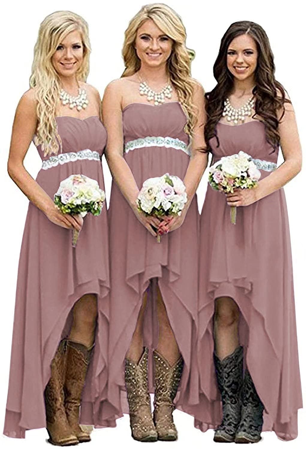 Elegant Homdor Women's Chiffon High-Low Bridesmaid Dress - Strapless A-Line Wedding Party Gown with Detachable Belt | Perfect for Country Weddings, Formal Events & Special Occasions