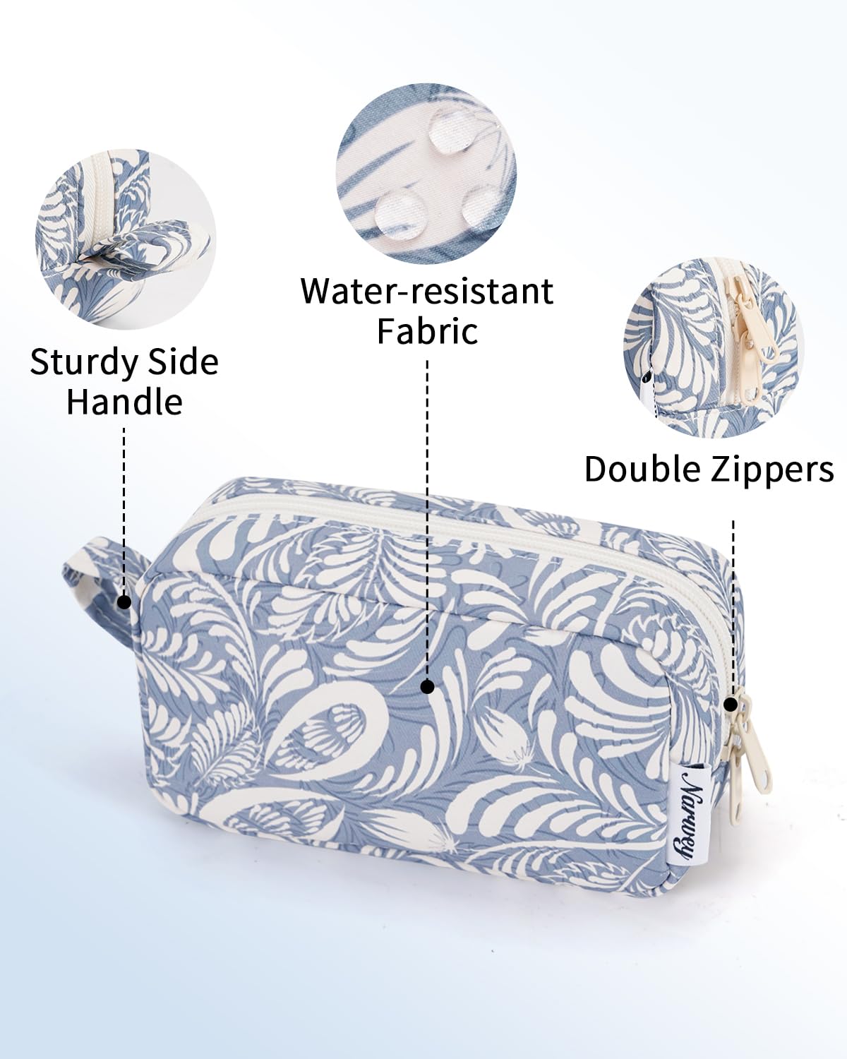 Narwey Small Cosmetic Bag for Women | Travel Mini Makeup Pouch with Zipper & Organized Pockets | Cute Purse Organizer for Cosmetics, Toiletries & Jewelry | Perfect for Travel, Daily Use & Gift Giving (Blue Leaf Design)