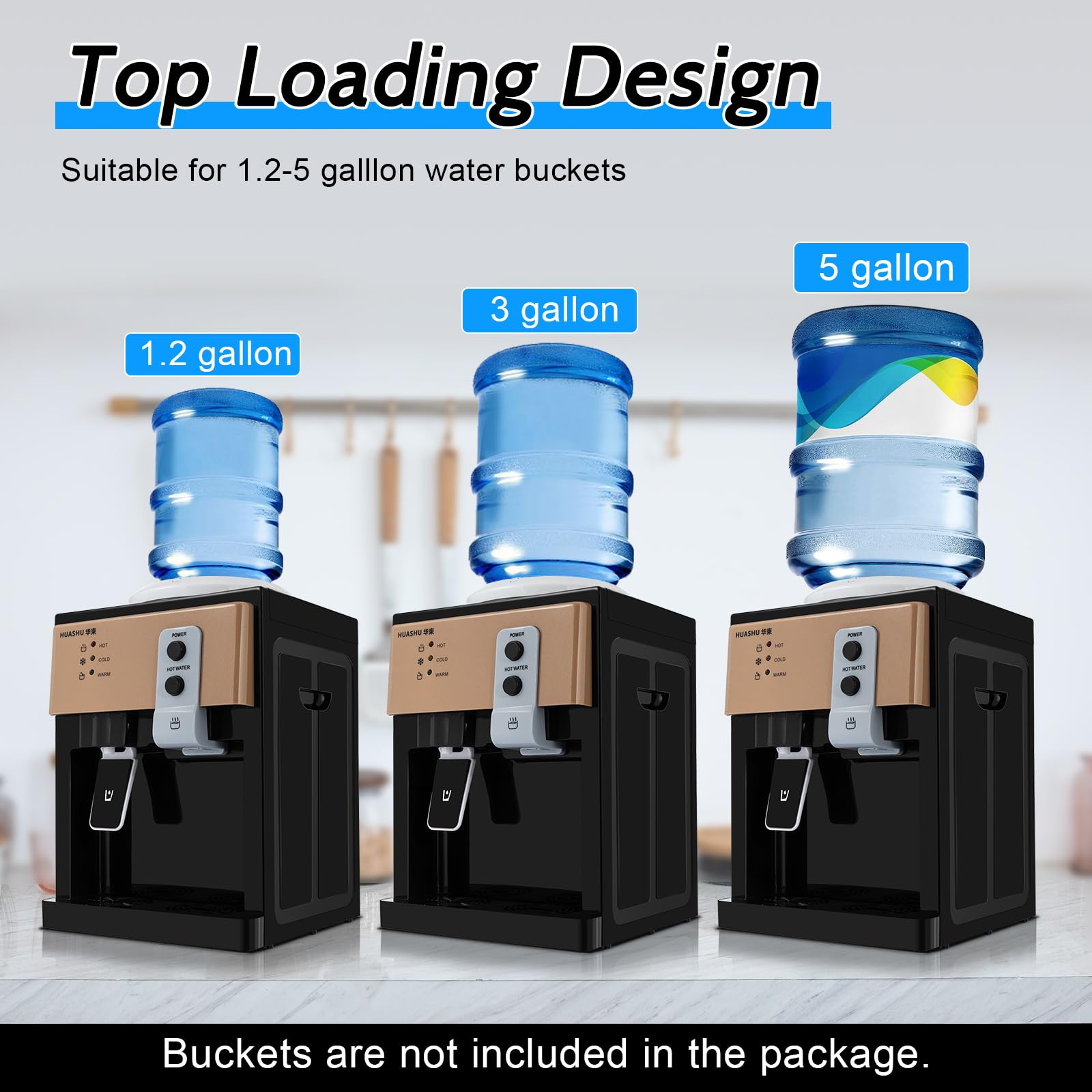 Top Loading Countertop Water Cooler Dispenser - Hot, Cold & Warm Water Options - 110V Primo Water Dispenser Holds 5 Gallon Bottles - Perfect for Home, Office & Dormitory Use (Black/Brown) - Ideal for Kitchen, Break Room & Small Spaces