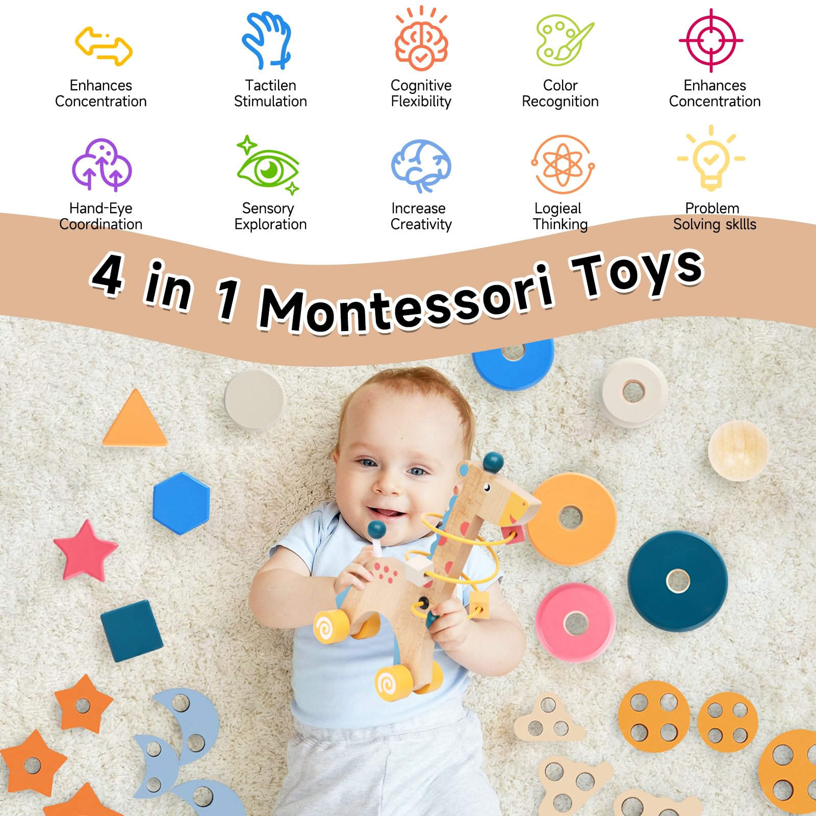 4-in-1 Wooden Montessori Toys for Kids Ages 3+ | Educational Sensory Learning Toys for Toddlers & Preschoolers | Perfect Christmas & Birthday Gifts for Boys and Girls | Ideal for Homeschooling, Daycare & Early Childhood Development