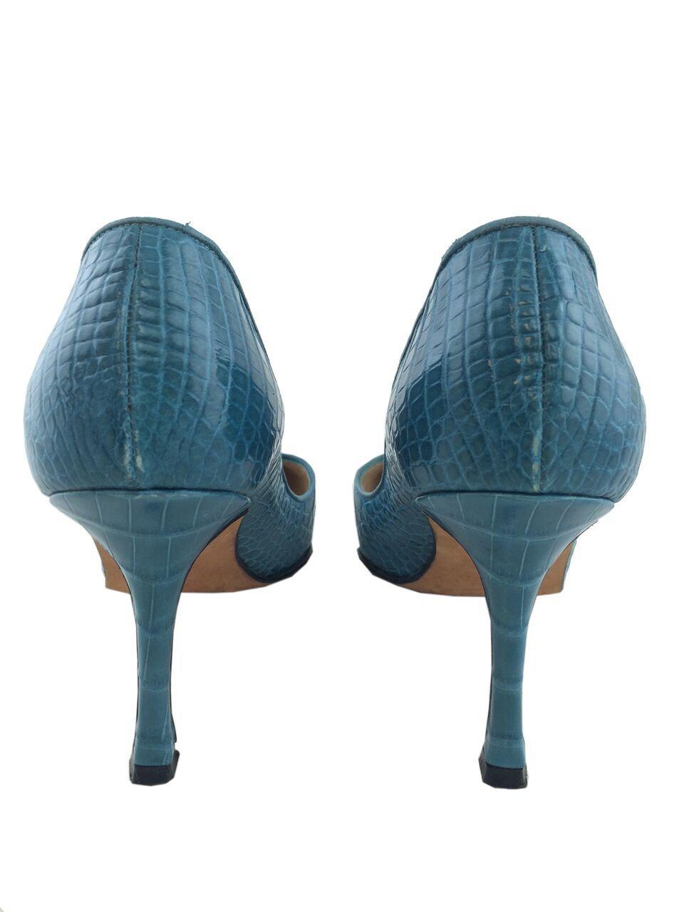Manolo Blahnik BB Crocodile Leather Pumps Women's Size 7 (IT37) - Elegant Pointed Toe Heels for Weddings & Evening Events