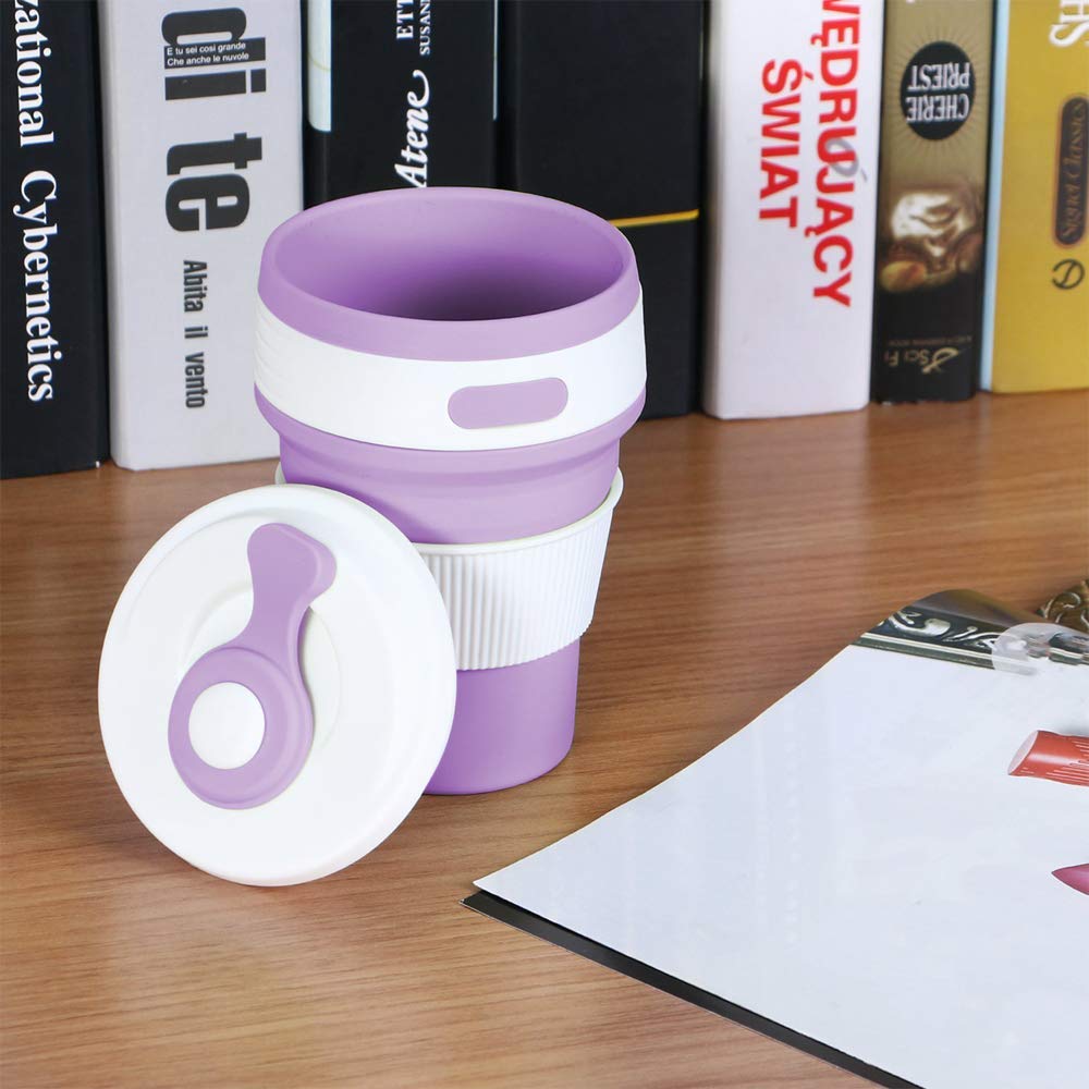 Fullgaden Collapsible Silicone Travel Cup with Lid - Leak-Proof Portable Drinking Mug for Water, Coffee & Soda - Compact Reusable Cup for Hiking, Camping, Picnics & Outdoor Adventures (Purple)