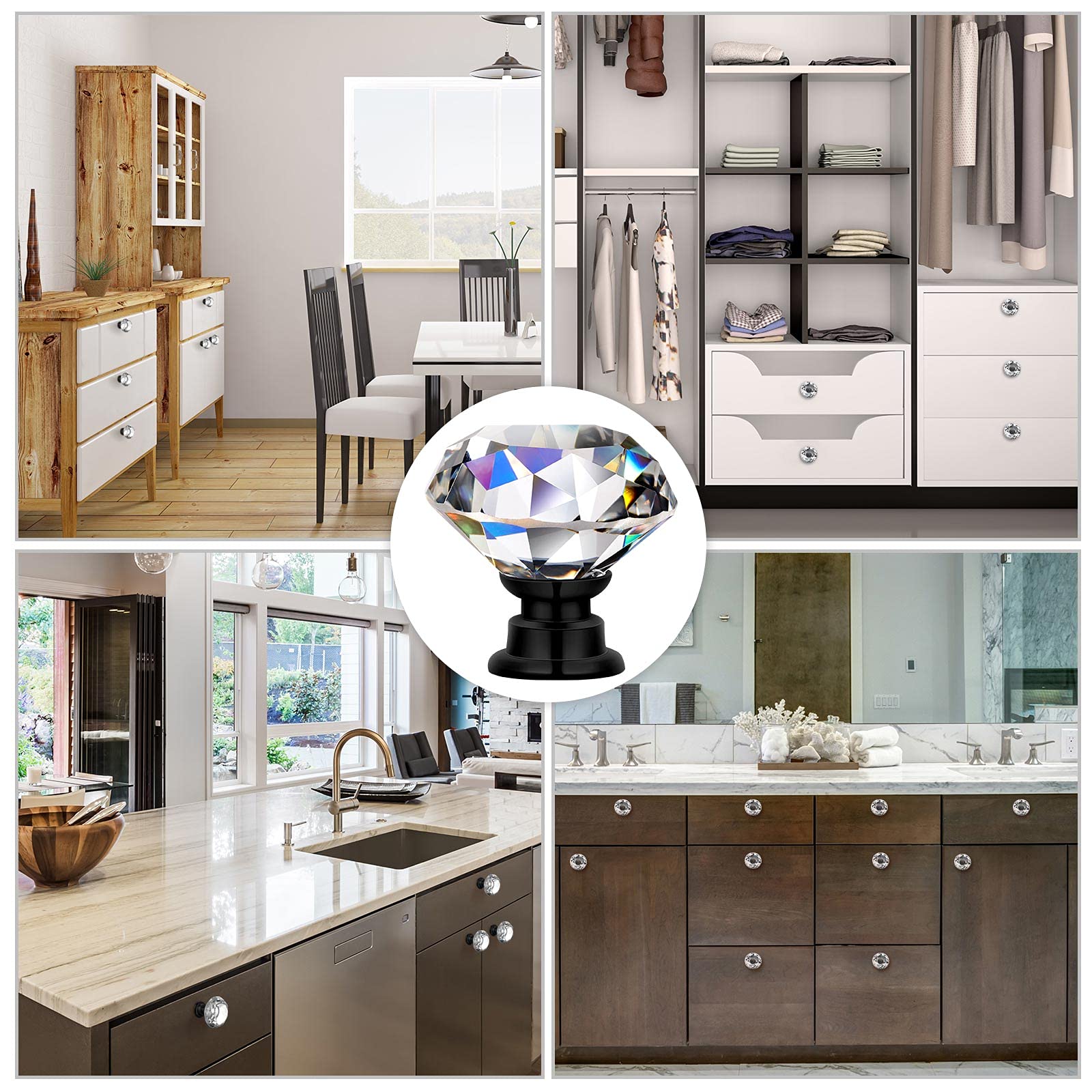 30mm Clear Crystal Drawer Knobs - Diamond Glass Cabinet Pulls with Screws for Kitchen, Bathroom, Office Cabinets