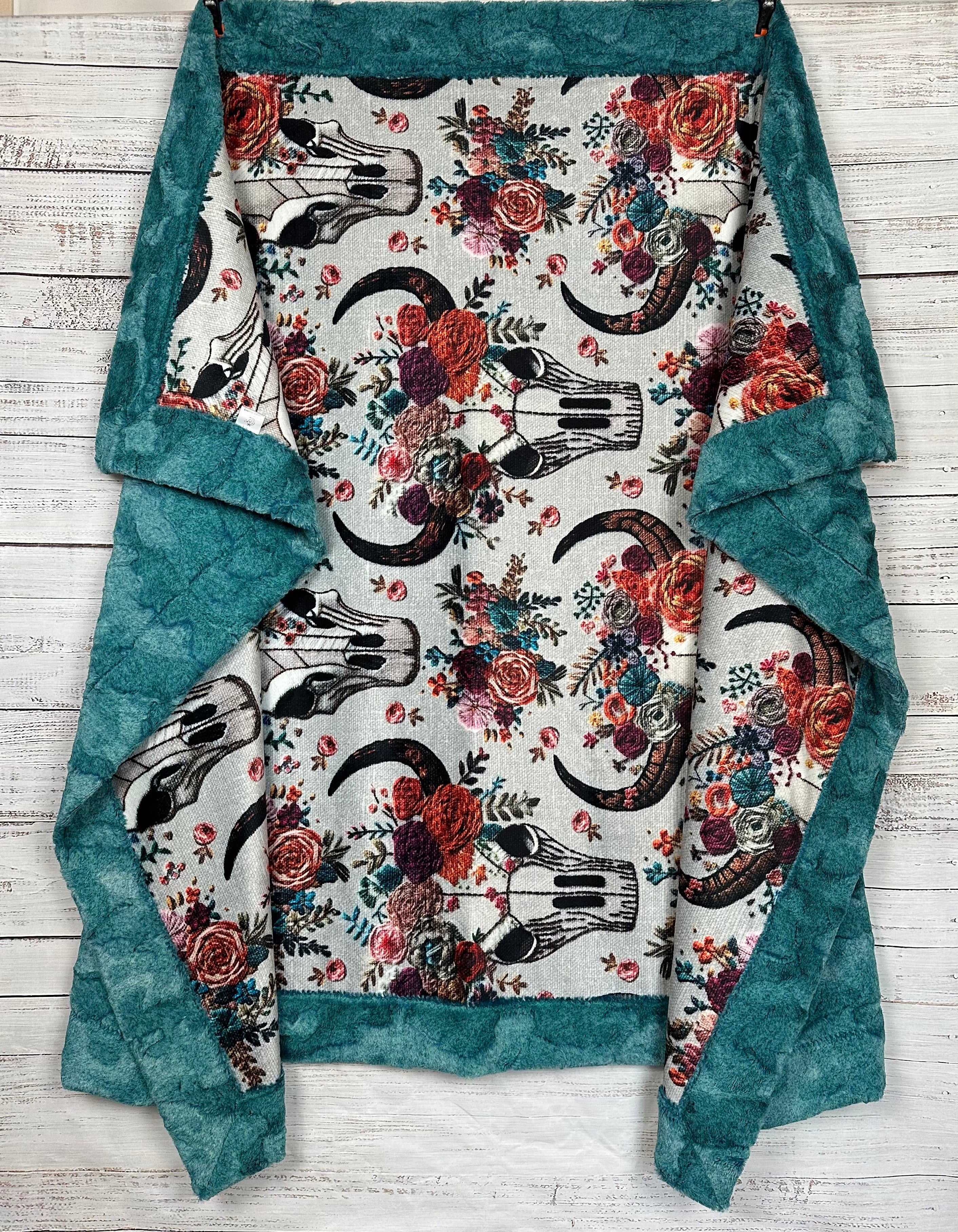 Western Floral Skull Embroidery Print Minky Blanket 55x79 Inches - Soft Luxe Lagoon Blue Throw Blanket for Couch, Bed, Sofa, Gift & Home Decor