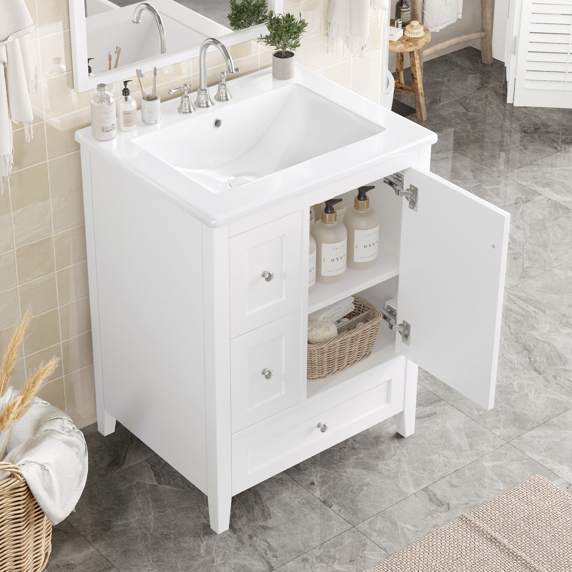 24 Inch Bathroom Vanity with Storage - Adjustable Shelf & Removable Dividers, MDF & Rubberwood Construction, Dark Green Finish for Modern Bathroom Decor