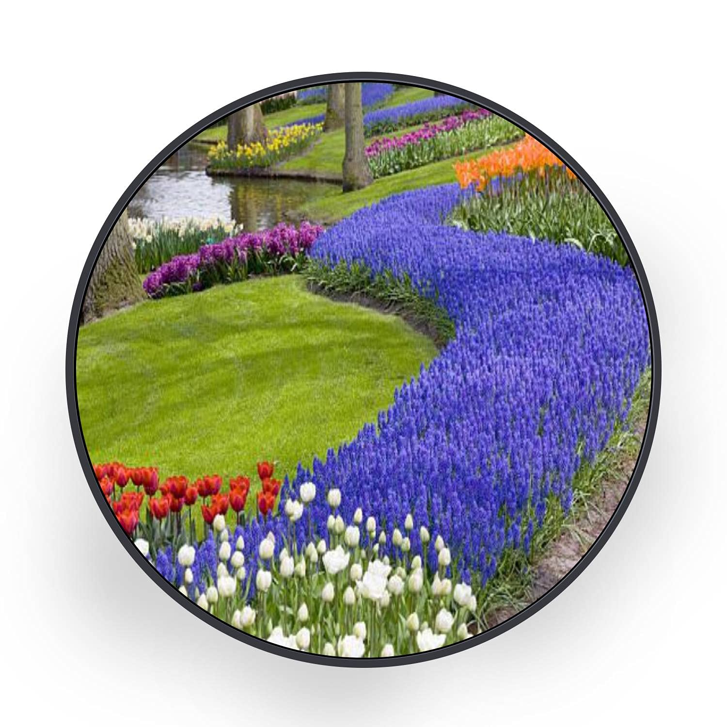 Beautiful Tulip Flower Bed Canvas Wall Art - Round Black Framed Painting for Bedroom & Living Room Decor | Ready to Hang | Perfect for Home, Office & Gift Giving