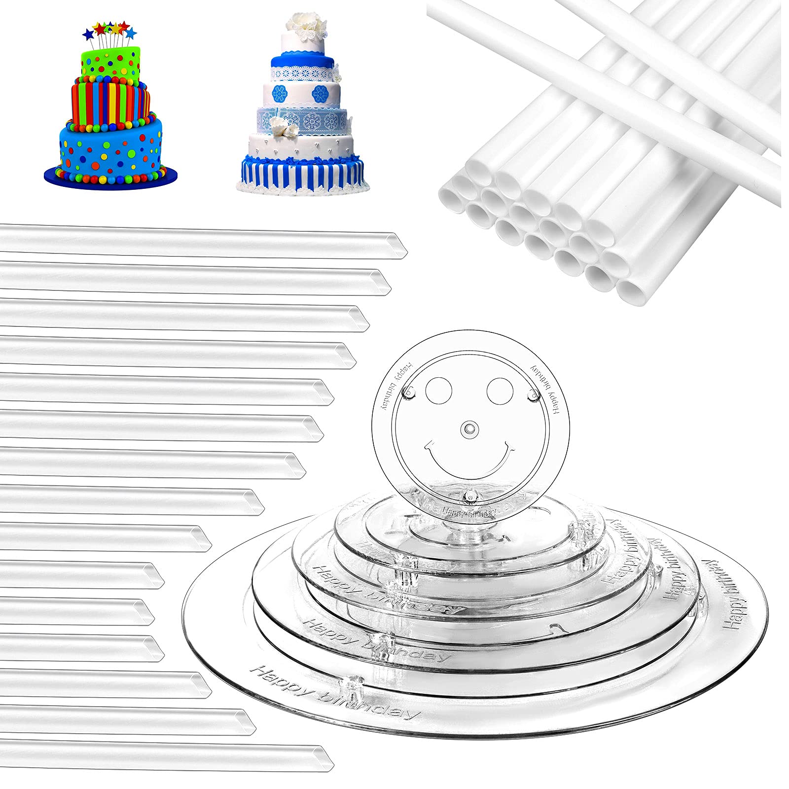 5 Tier Cake Separator Plates 35Pcs - Clear Cake Sticks, Support Dowel Rods & Stacking Pillars for 3-10 Inch Tiered Cakes - Sturdy Cake Stand Holder for Wedding, Birthday, Dessert Display & Party Decorations
