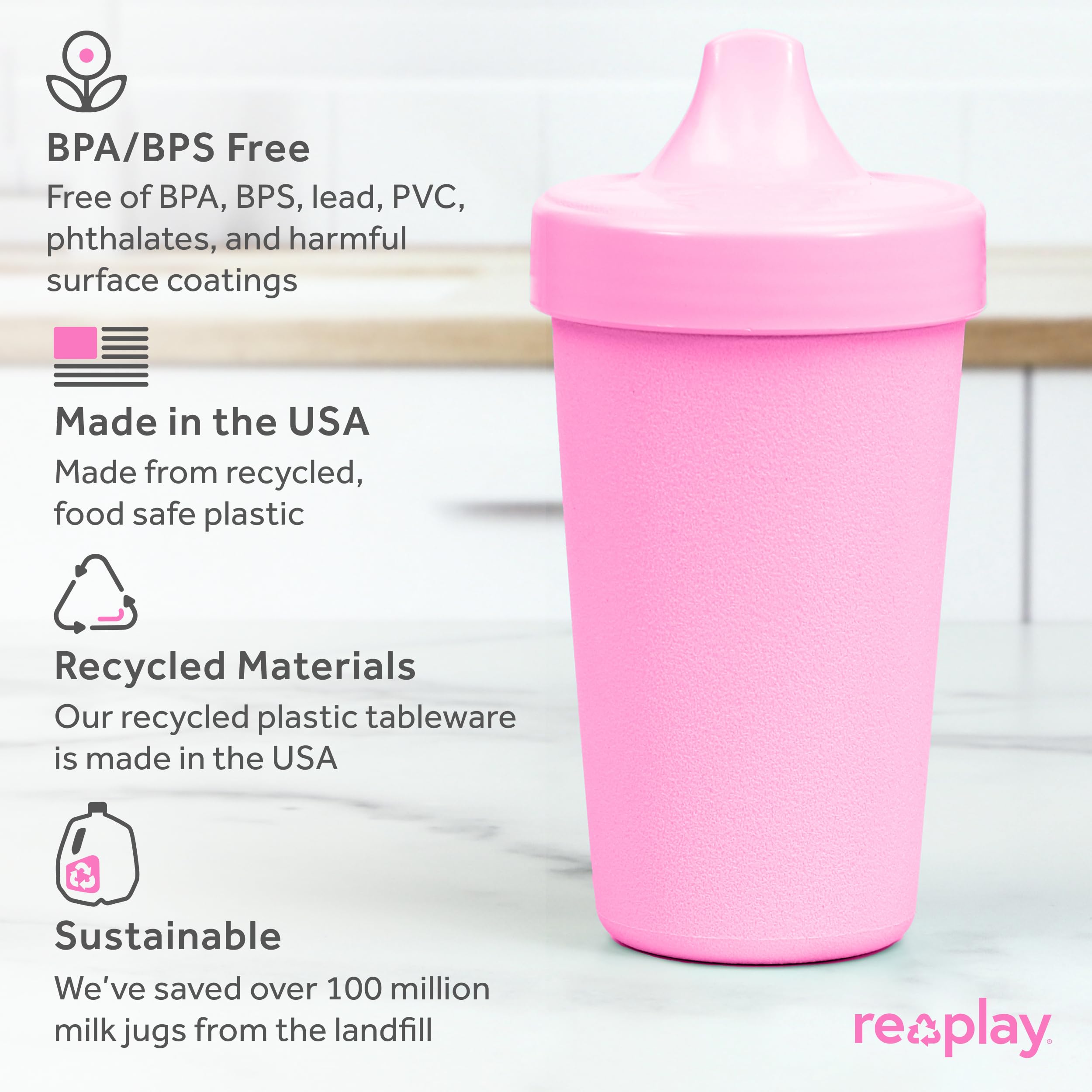 Re-Play USA Made 2-Pack Toddler Sippy Cups 10oz - BPA-Free Spill-Proof Kids Cups for Daycare & Travel - Dishwasher & Microwave Safe Hard Spout Sippy Cups 3.13