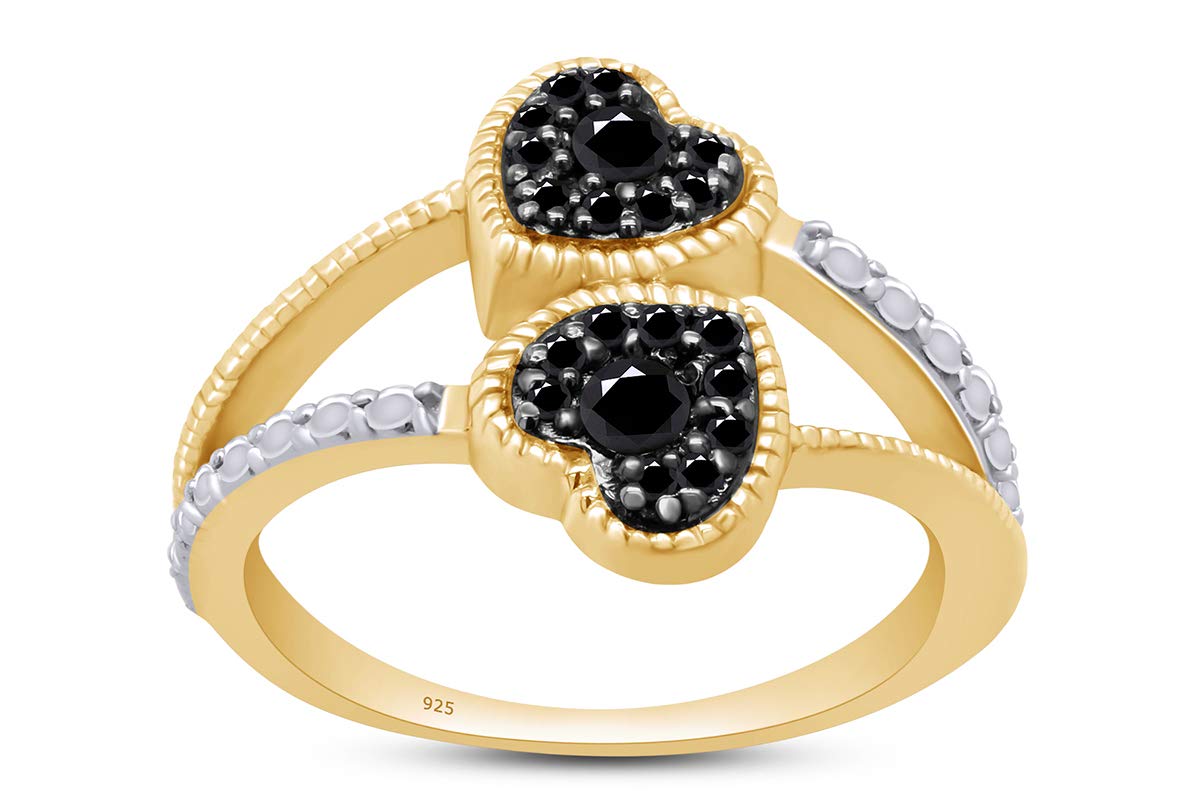 0.11 Ct Round Black Natural Diamond Double Heart Ring in 14k Gold Over Sterling Silver - Elegant Promise Ring for Anniversary, Valentine's Day & Romantic Gifts