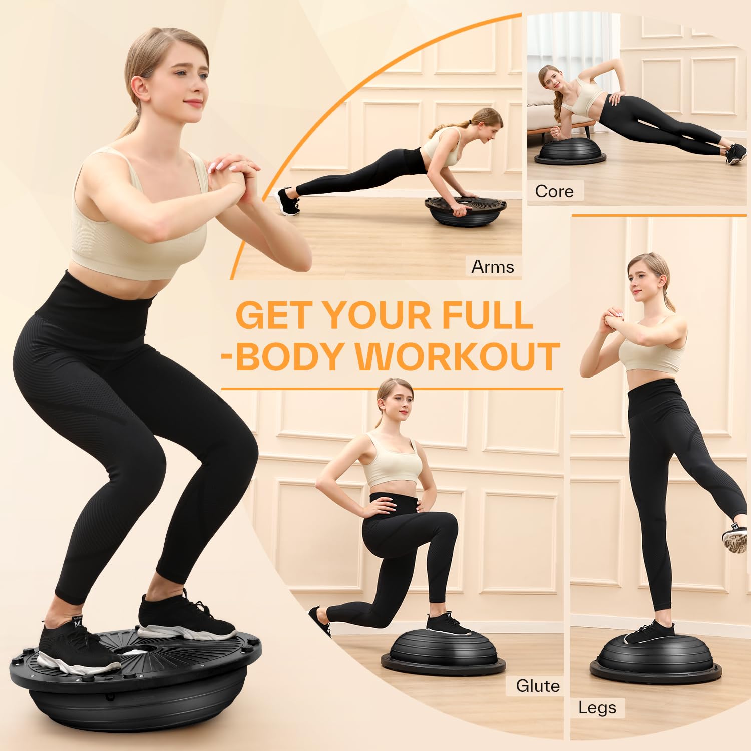 Sportneer 23-Inch Half Yoga Ball with Resistance Bands & Pump - Non-Slip Inflatable Balance Trainer for Core Strength, Home Gym Workouts (350lb Capacity) - Perfect for Pilates, Yoga, Stability Exercises & Full-Body Fitness Training