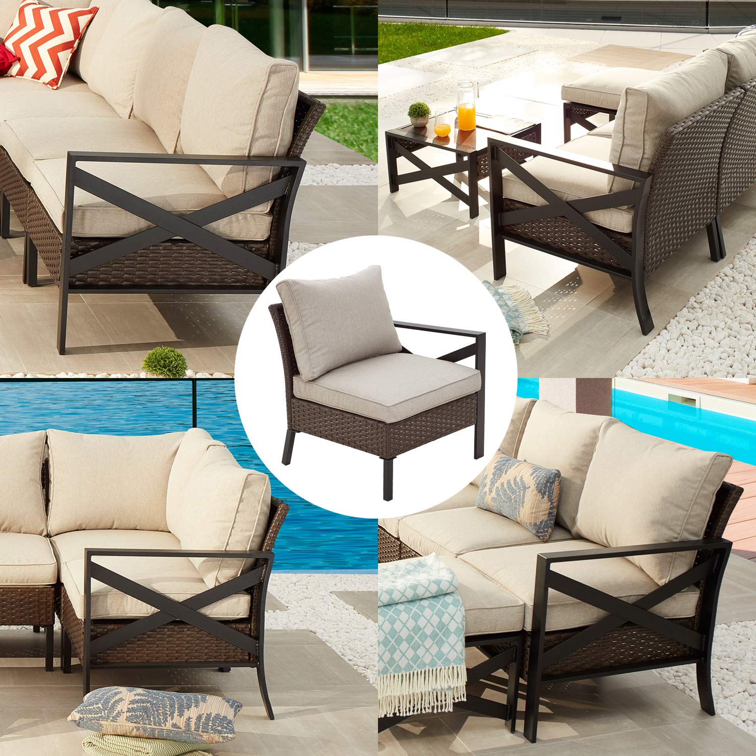 PatioFestival Wicker Outdoor Chair - Rattan Armchair with Removable Cushions, Left/Right Facing Patio Dining Furniture for Garden, Balcony, Porch & Poolside - Perfect for Relaxing, Sunbathing & Outdoor Entertaining