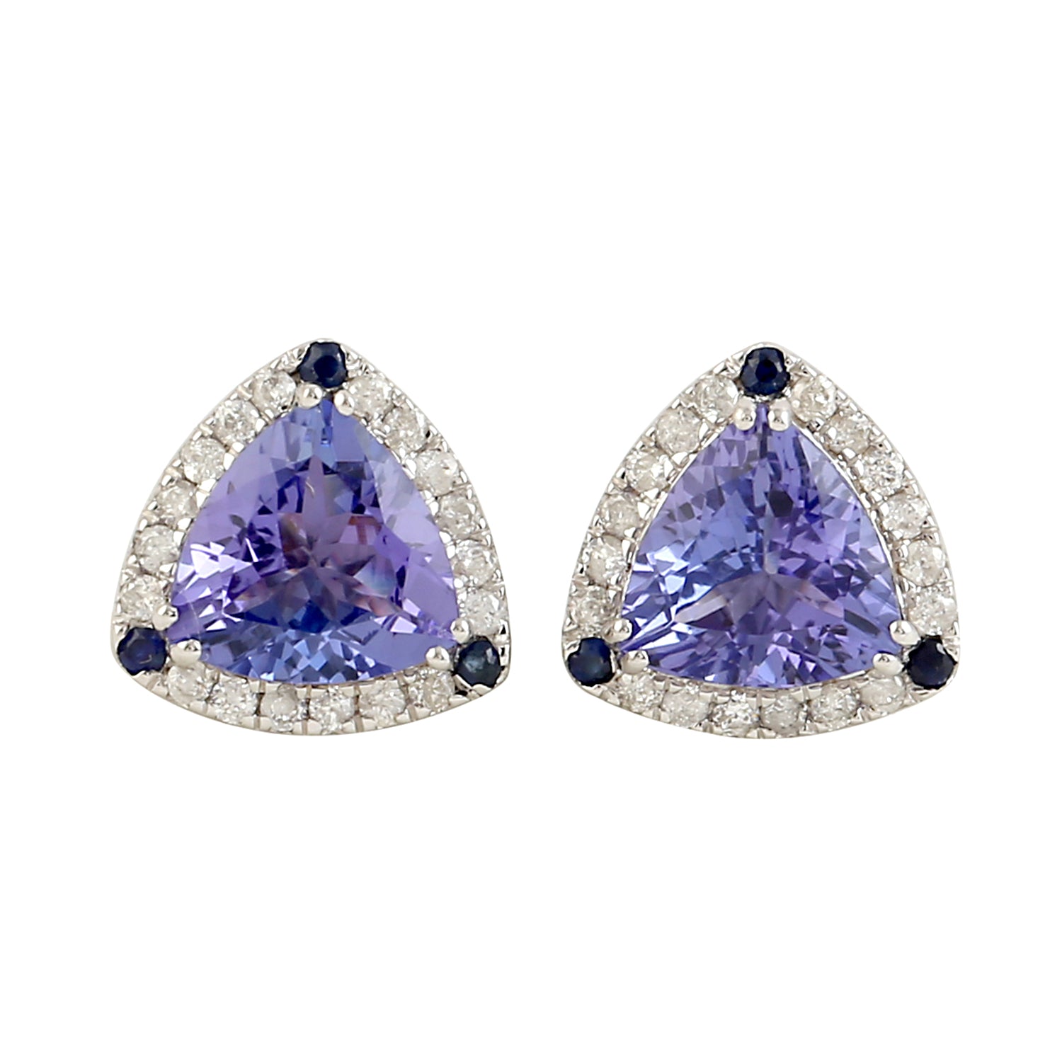 18K White Gold Tanzanite & Sapphire Trillion Mini Stud Earrings with Pave Diamonds | Elegant Gemstone Jewelry Gift for Women | Perfect for Weddings, Parties & Special Occasions