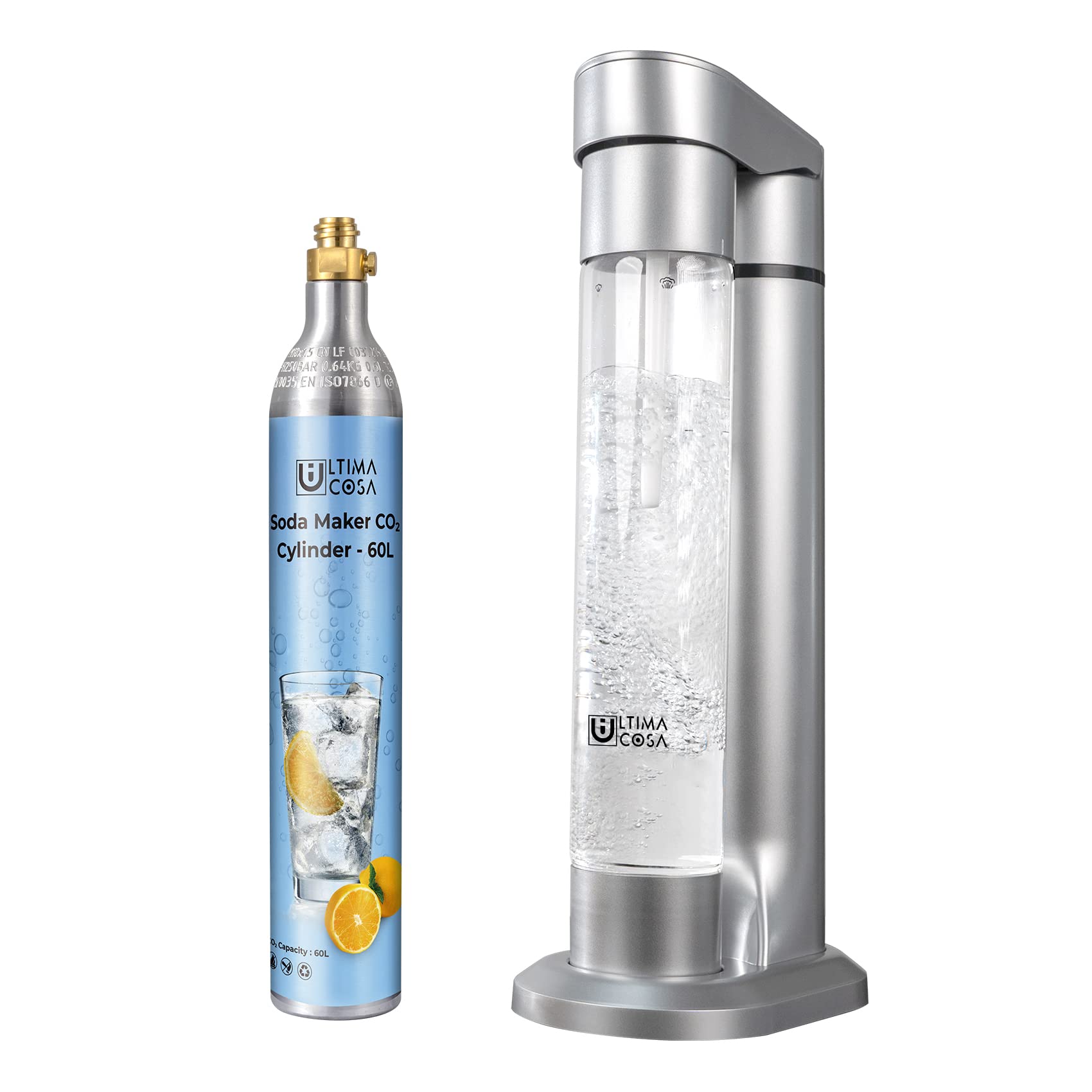 Sparkling Soda Maker with CO2 Cylinder - BPA-Free Home Carbonated Drink Machine for Homemade Sparkling Water, Juice & Coffee | Includes 1LB CO2 & Reusable Bottle (Silver) | Perfect for Parties, Healthy Drinks & DIY Beverages